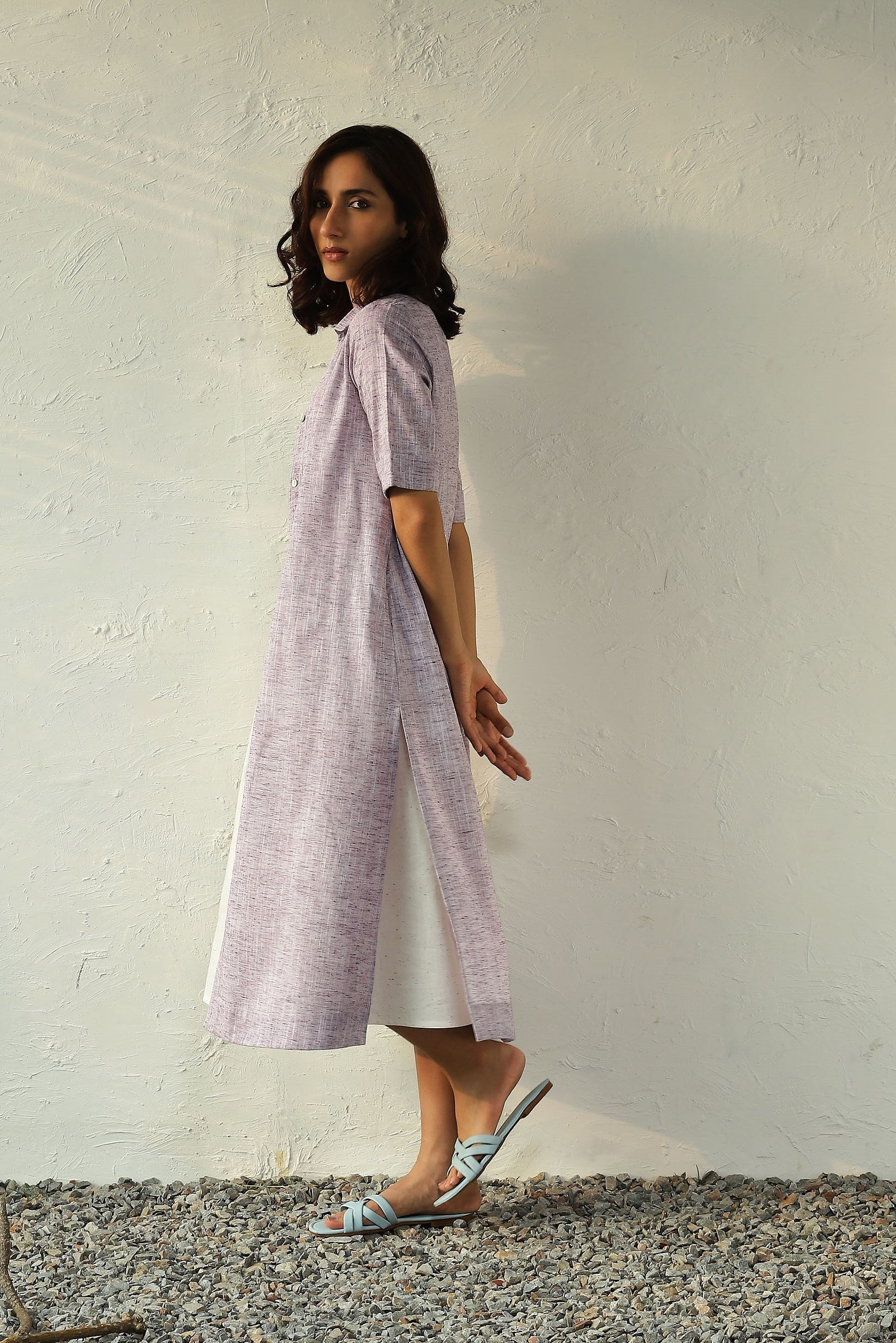 Purple Textured Cotton Shirt Dress by Canoopi with Canoopi, Casual Wear, Dresses, Khadi, Midi Dresses, Natural, Purple, Regular Fit, Solids, White, Womenswear at Kamakhyaa for sustainable fashion