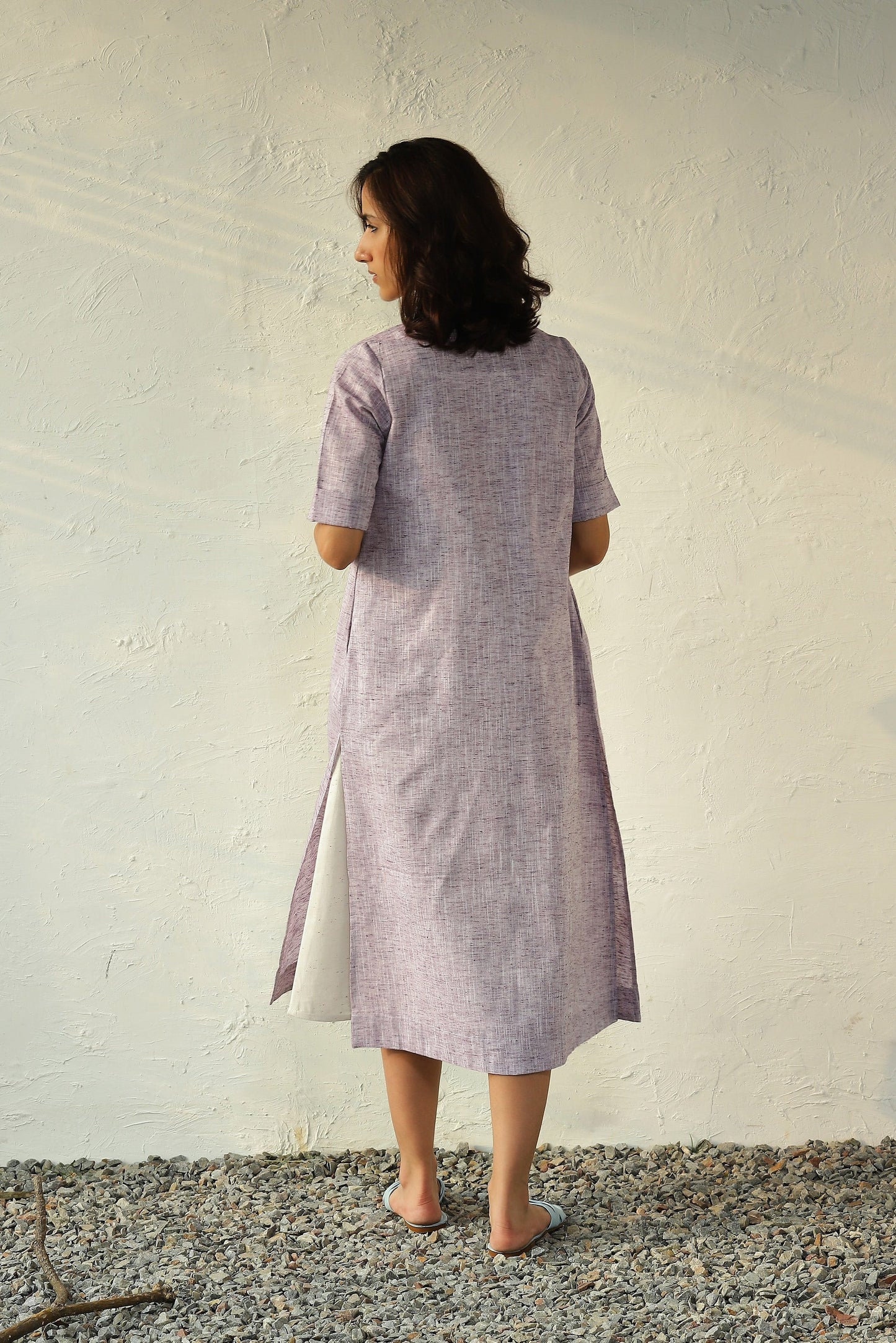 Purple Textured Cotton Shirt Dress by Canoopi with Canoopi, Casual Wear, Dresses, Khadi, Midi Dresses, Natural, Purple, Regular Fit, Solids, White, Womenswear at Kamakhyaa for sustainable fashion