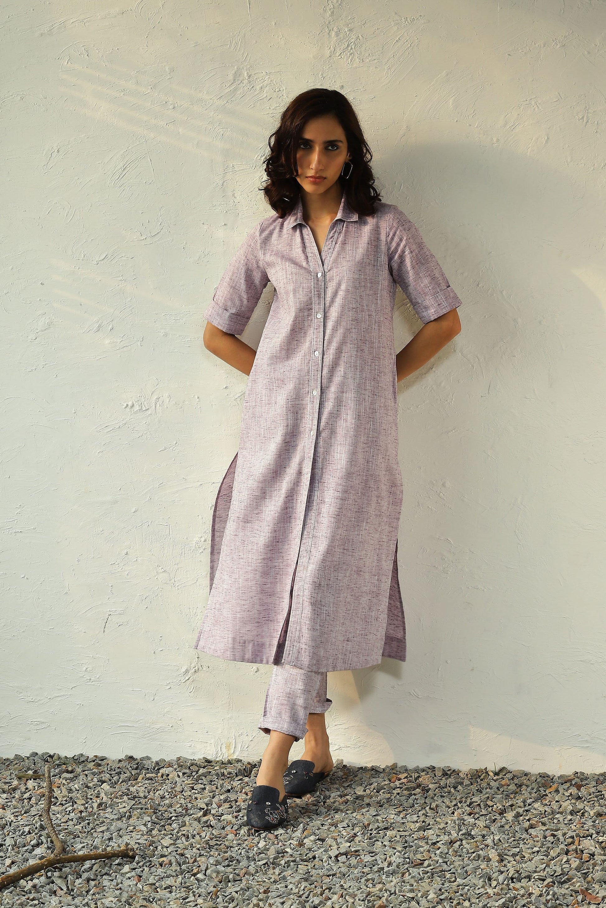 Purple Cotton Shirt Tunic Pant set by Canoopi with Canoopi, Casual Wear, Indian Wear, Khadi, Kurta Pant Sets, Natural, Purple, Regular Fit, Solids, Womenswear at Kamakhyaa for sustainable fashion