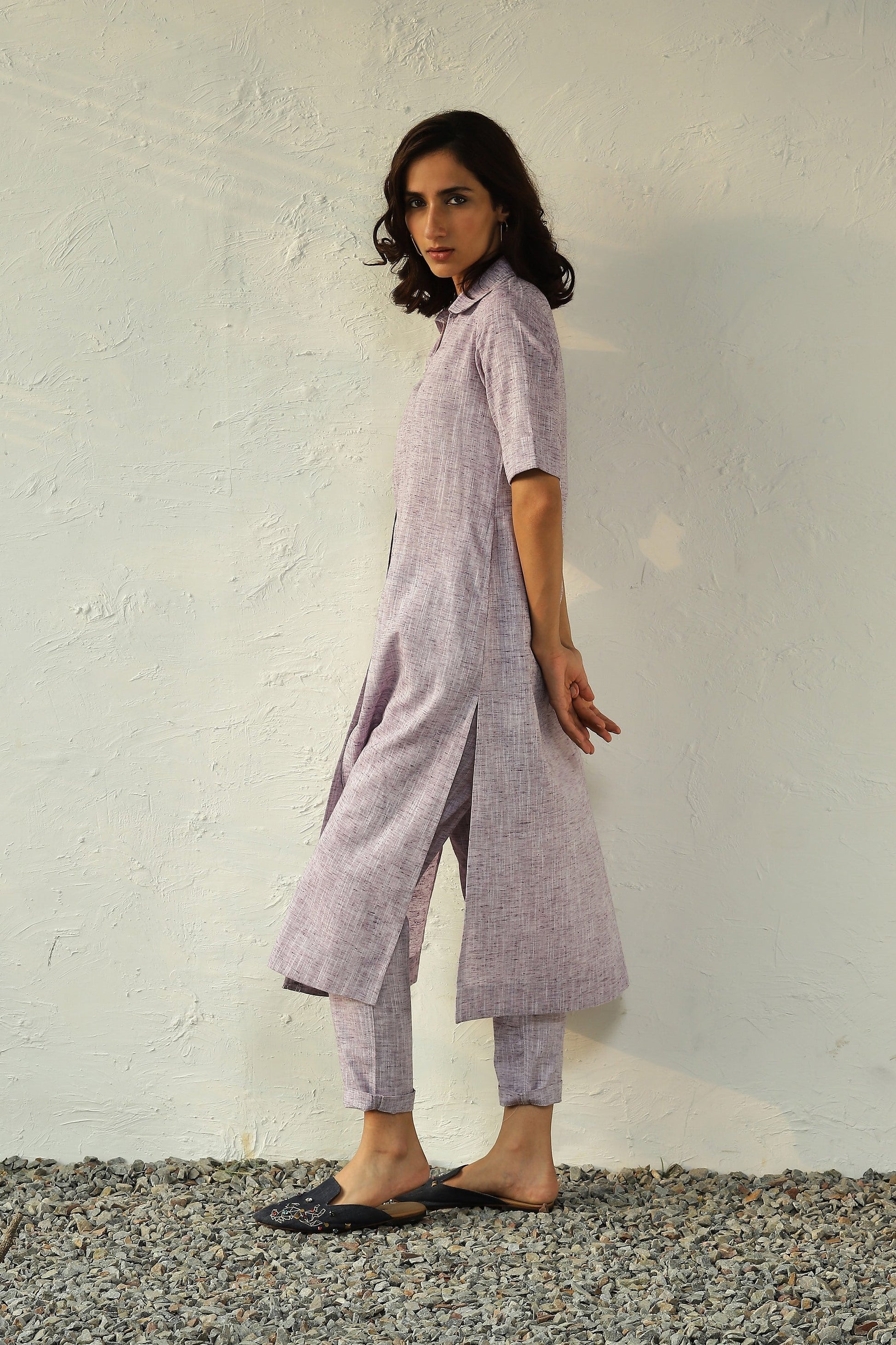 Purple Cotton Shirt Tunic Pant set by Canoopi with Canoopi, Casual Wear, Indian Wear, Khadi, Kurta Pant Sets, Natural, Purple, Regular Fit, Solids, Womenswear at Kamakhyaa for sustainable fashion