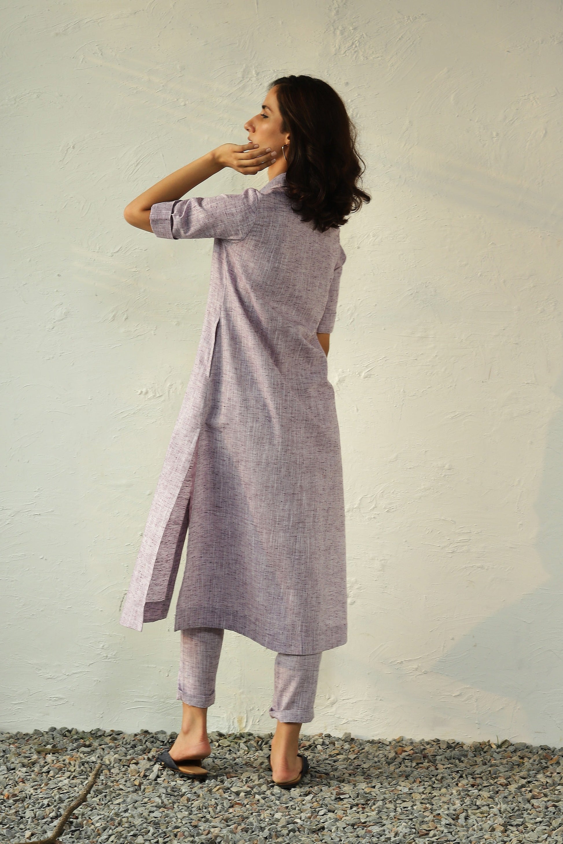 Purple Cotton Shirt Tunic Pant set by Canoopi with Canoopi, Casual Wear, Indian Wear, Khadi, Kurta Pant Sets, Natural, Purple, Regular Fit, Solids, Womenswear at Kamakhyaa for sustainable fashion