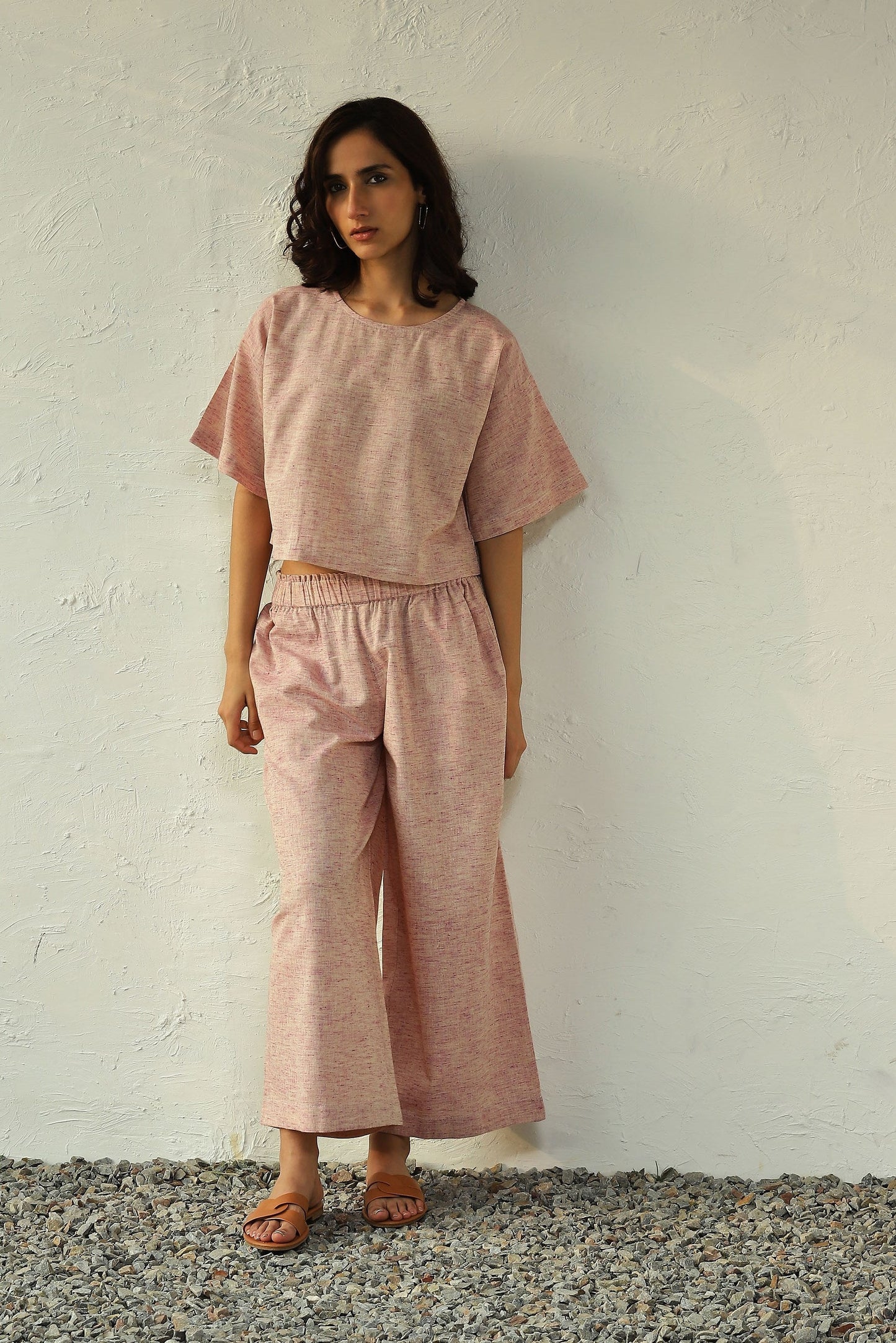 Pink Khadi Cotton Top Palazzo Set by Canoopi with Canoopi, Casual Wear, Complete Sets, Khadi, Natural, Pink, Regular Fit, Solids, Vacation Co-ords, Womenswear at Kamakhyaa for sustainable fashion