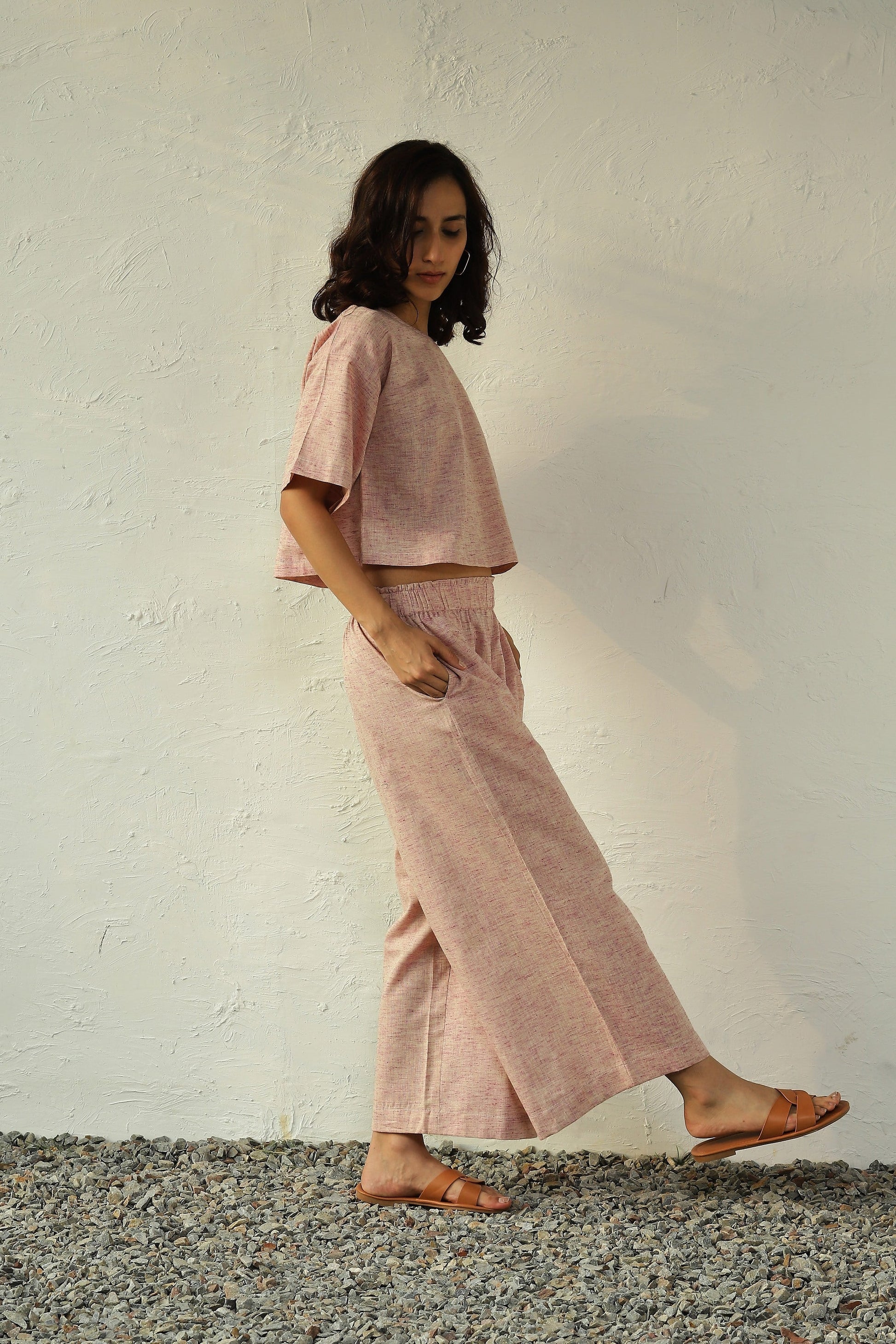 Pink Khadi Cotton Top Palazzo Set by Canoopi with Canoopi, Casual Wear, Complete Sets, Khadi, Natural, Pink, Regular Fit, Solids, Vacation Co-ords, Womenswear at Kamakhyaa for sustainable fashion