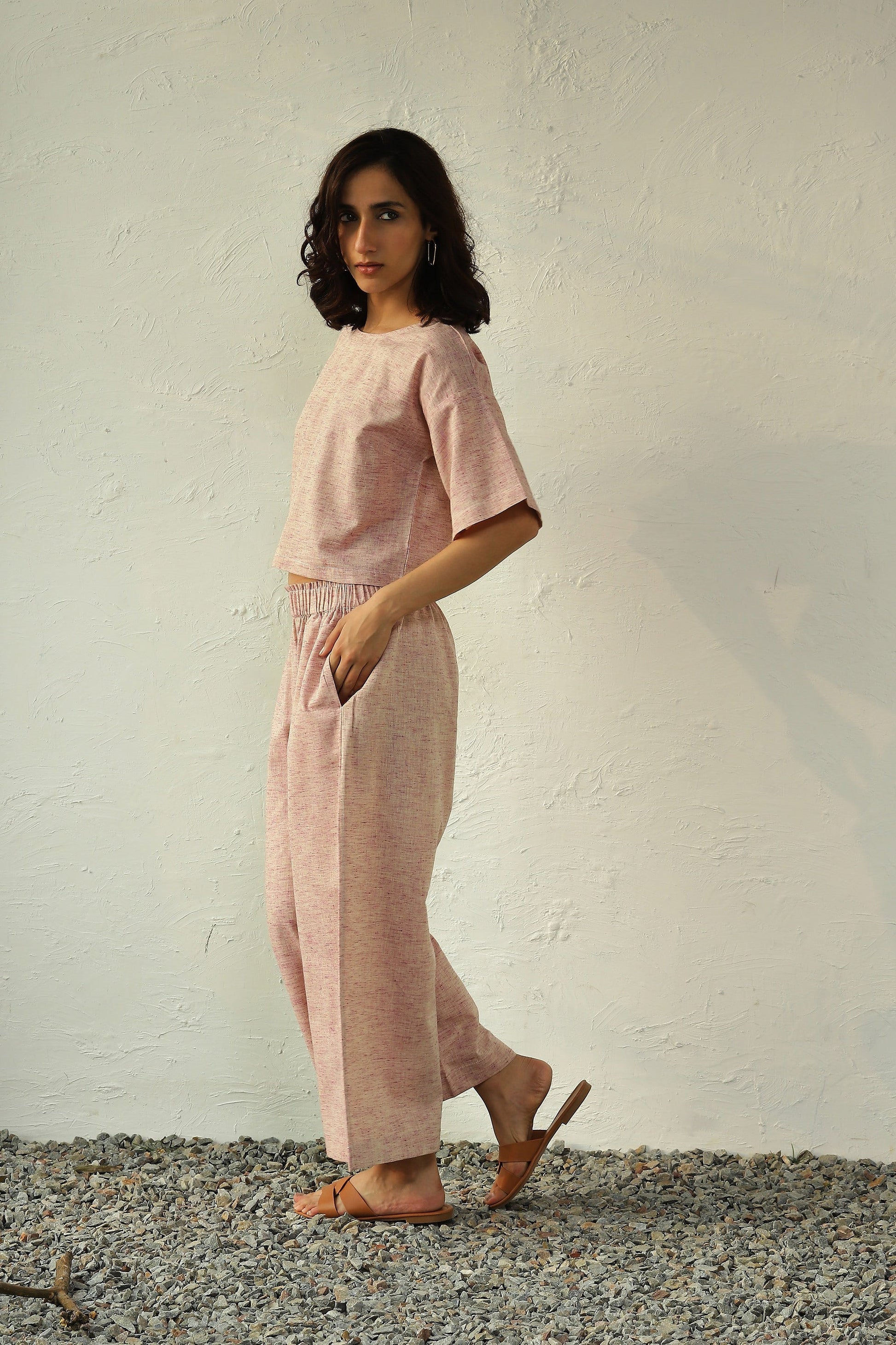 Pink Khadi Cotton Top Palazzo Set by Canoopi with Canoopi, Casual Wear, Complete Sets, Khadi, Natural, Pink, Regular Fit, Solids, Vacation Co-ords, Womenswear at Kamakhyaa for sustainable fashion