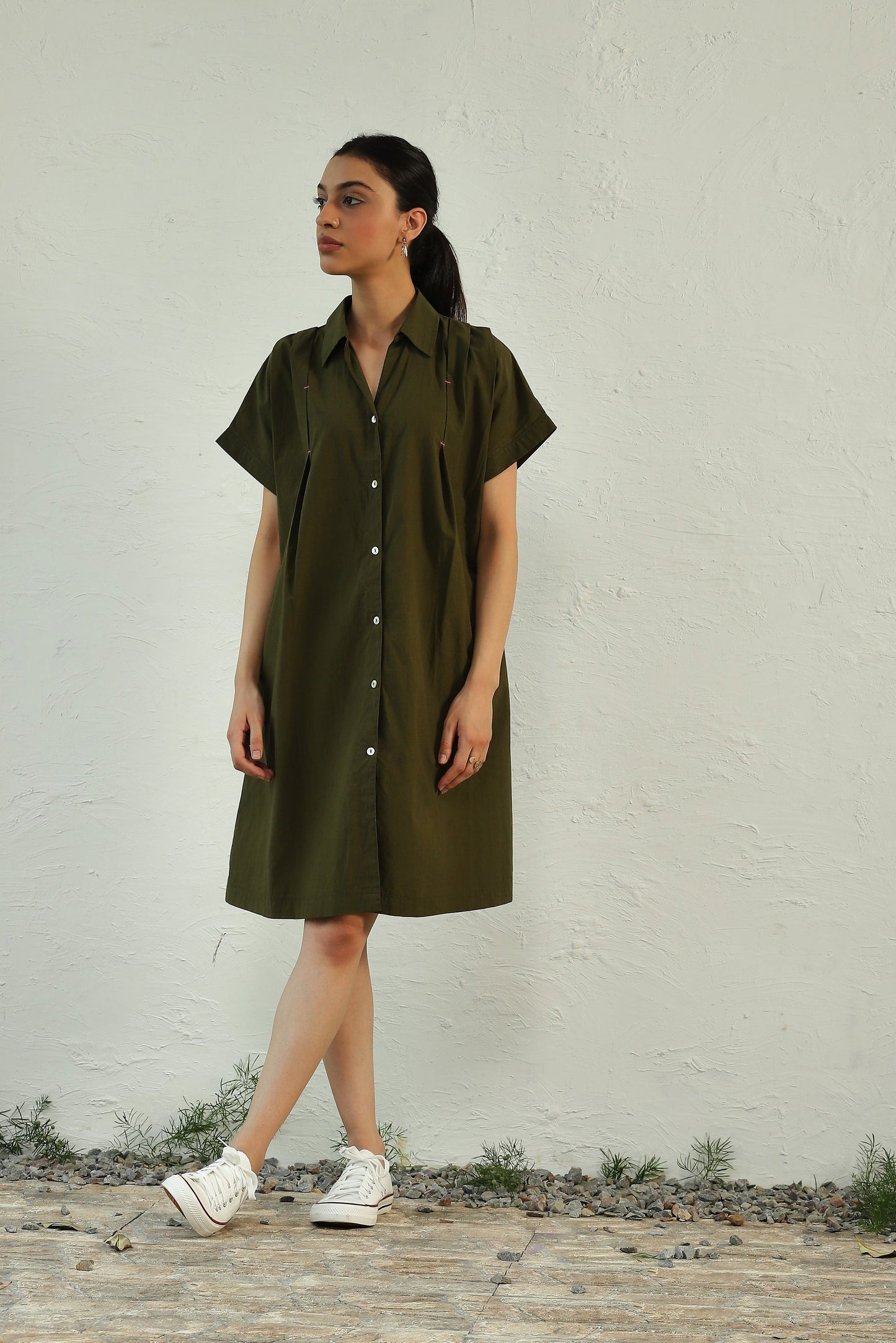 Green Cotton Poplin Mini Dress by Canoopi with Canoopi, Casual Wear, Dresses, Green, Natural, Poplin, Regular Fit, Shirt Dresses, Solids, Womenswear at Kamakhyaa for sustainable fashion