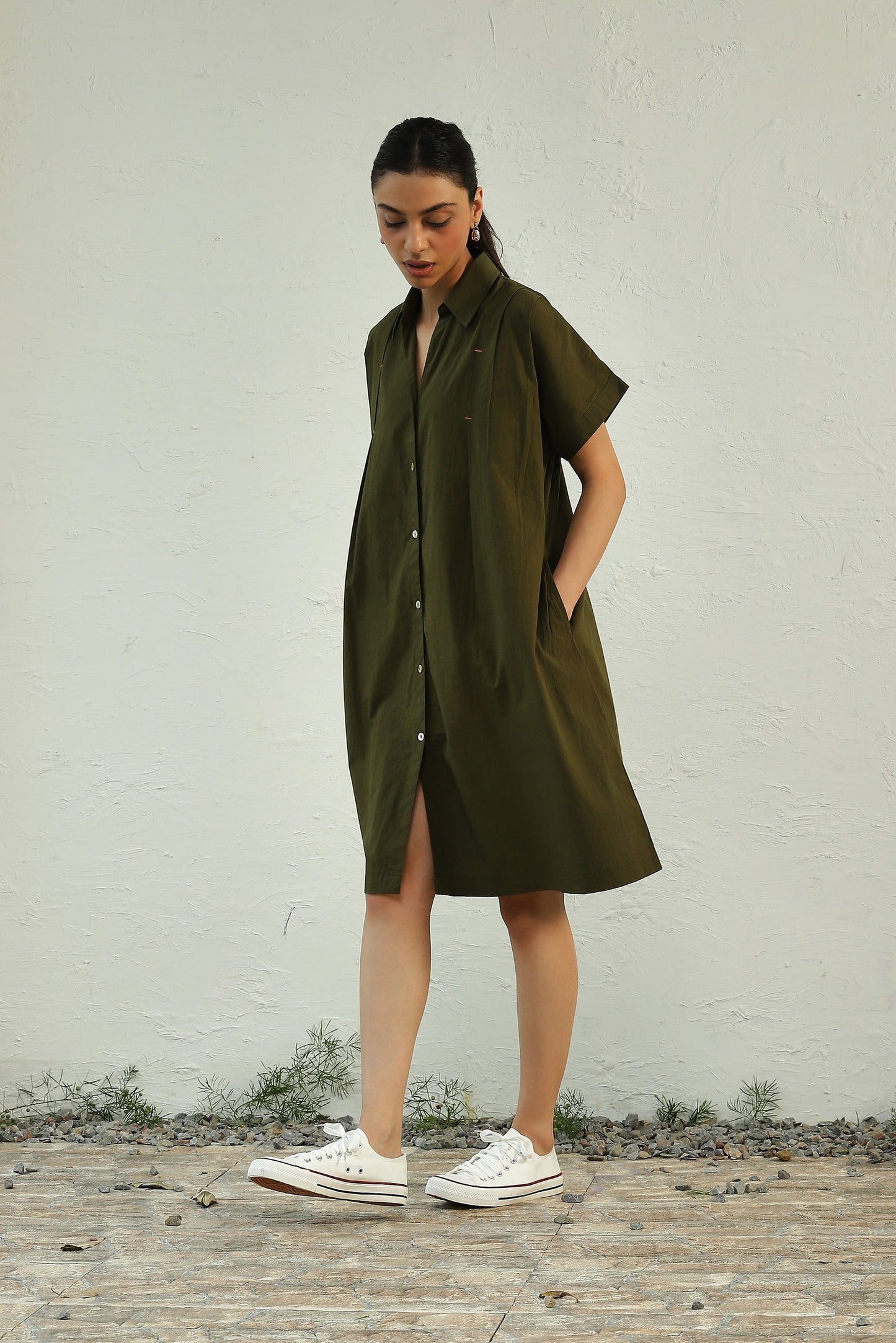 Green Cotton Poplin Mini Dress by Canoopi with Canoopi, Casual Wear, Dresses, Green, Natural, Poplin, Regular Fit, Shirt Dresses, Solids, Womenswear at Kamakhyaa for sustainable fashion