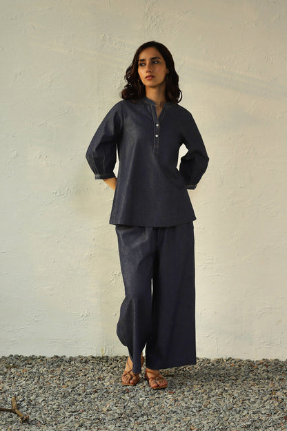 Blue Denim Co-Ord With Gathered Sleeves by Canoopi with Blue, Canoopi, Casual Wear, Complete Sets, Cotton, Denim, Natural, Regular Fit, Solids, Vacation Co-ords, Womenswear at Kamakhyaa for sustainable fashion