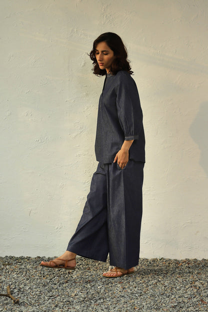 Blue Denim Co-Ord With Gathered Sleeves by Canoopi with Blue, Canoopi, Casual Wear, Complete Sets, Cotton, Denim, Natural, Regular Fit, Solids, Vacation Co-ords, Womenswear at Kamakhyaa for sustainable fashion
