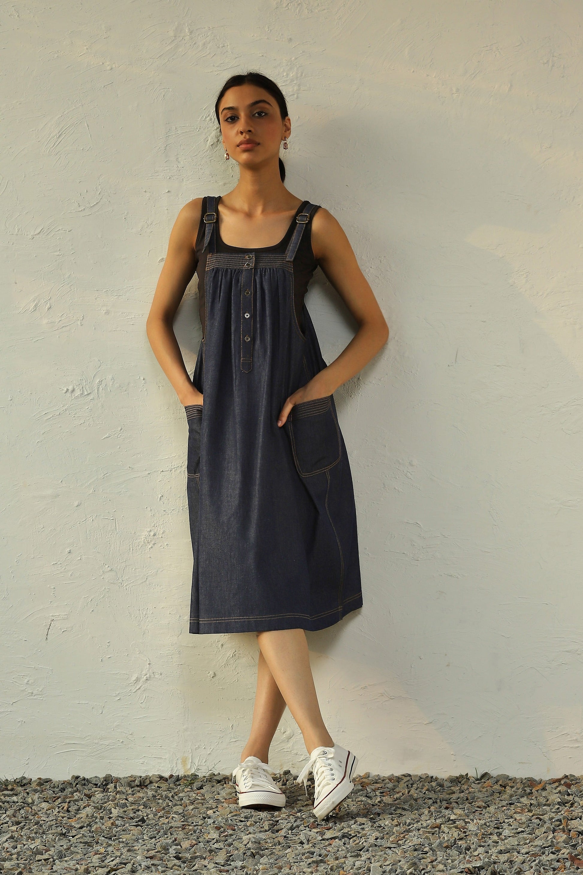 Blue Denim Suspender Dress by Canoopi with Blue, Canoopi, Casual Wear, Cotton, Denim, Dresses, Natural, Regular Fit, Sleeveless Dresses, Solids, Womenswear at Kamakhyaa for sustainable fashion