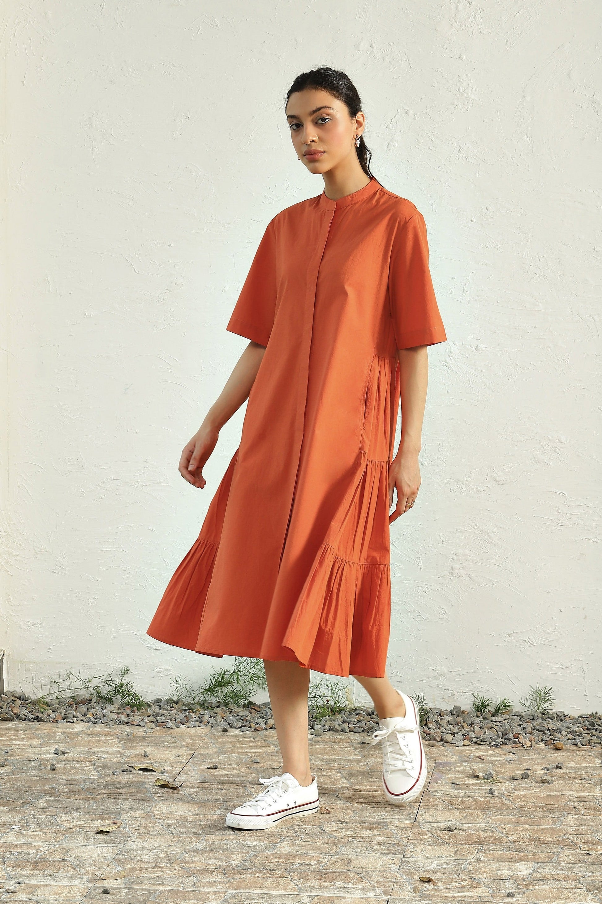 Orange Cotton Poplin Gathered Midi Dress by Canoopi with Canoopi, Casual Wear, Dresses, Natural, Orange, Poplin, Regular Fit, Solids, Tiered Dresses, Womenswear at Kamakhyaa for sustainable fashion