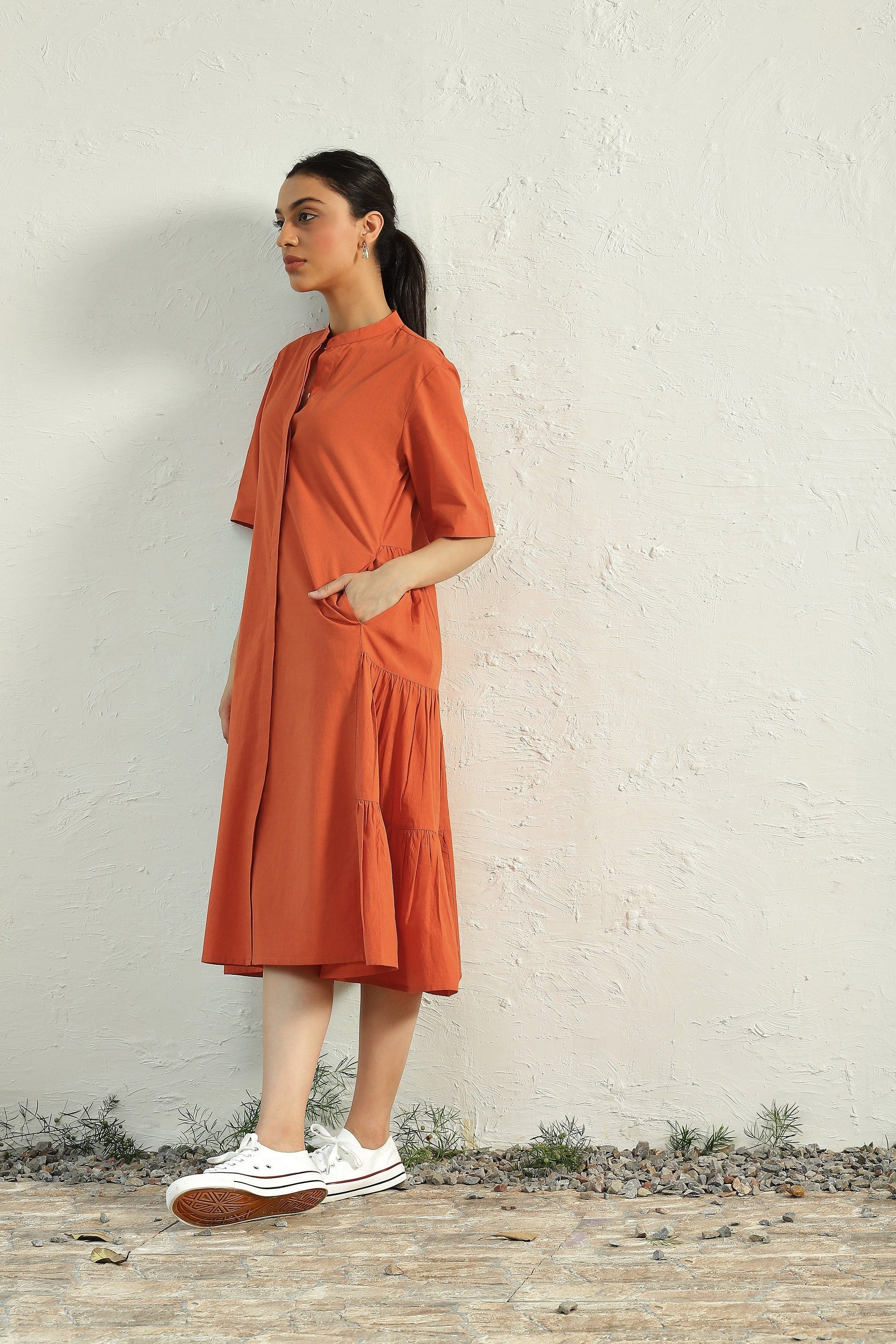Orange Cotton Poplin Gathered Midi Dress by Canoopi with Canoopi, Casual Wear, Dresses, Natural, Orange, Poplin, Regular Fit, Solids, Tiered Dresses, Womenswear at Kamakhyaa for sustainable fashion