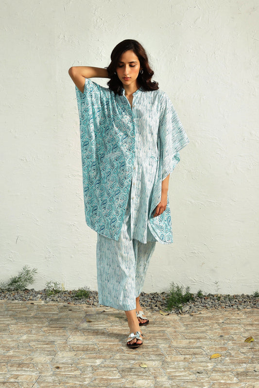 Blue Cotton Kaftan Style Co-ord Set by Canoopi with Block Prints, Blue, Canoopi, Casual Wear, Cotton, Indian Wear, Kurta Pant Sets, Natural, Prints, Regular Fit, Womenswear at Kamakhyaa for sustainable fashion