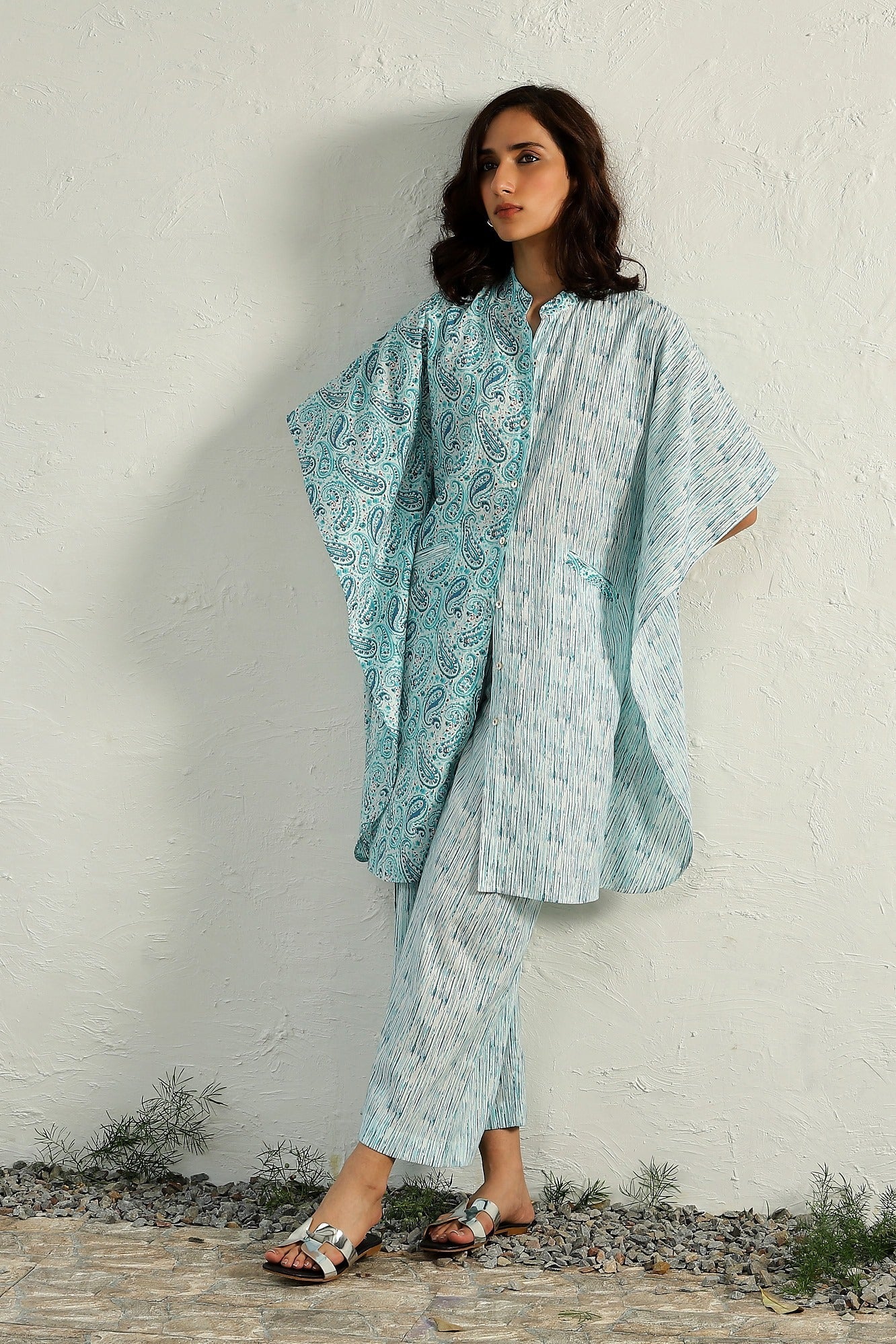 Blue Cotton Kaftan Style Co-ord Set by Canoopi with Block Prints, Blue, Canoopi, Casual Wear, Cotton, Indian Wear, Kurta Pant Sets, Natural, Prints, Regular Fit, Womenswear at Kamakhyaa for sustainable fashion