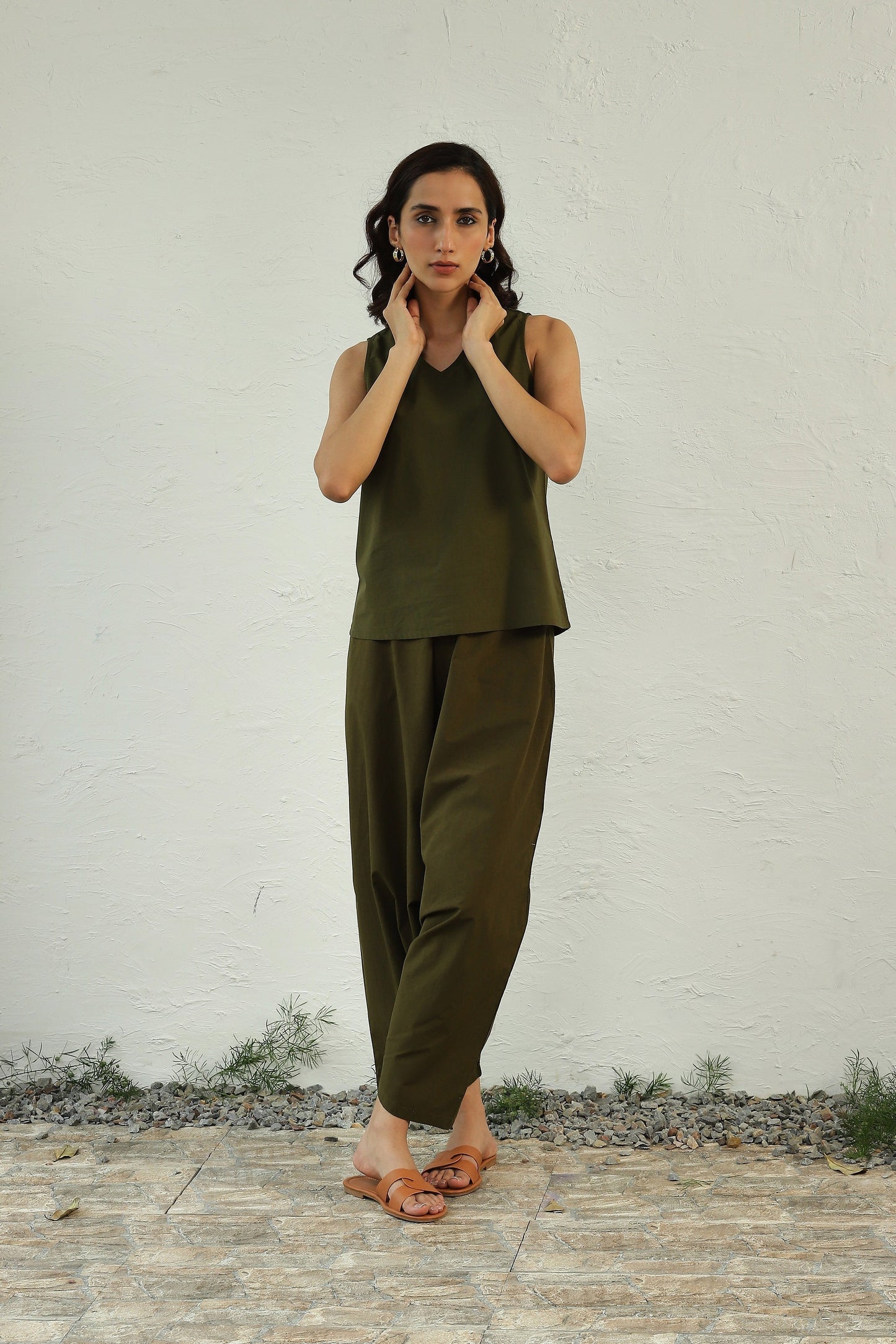 Green Cotton Poplin Sleeveless Top Bottom Co-Ord by Canoopi with Canoopi, Casual Wear, Complete Sets, Green, Natural, Poplin, Regular Fit, Solids, Vacation Co-ords, Womenswear at Kamakhyaa for sustainable fashion