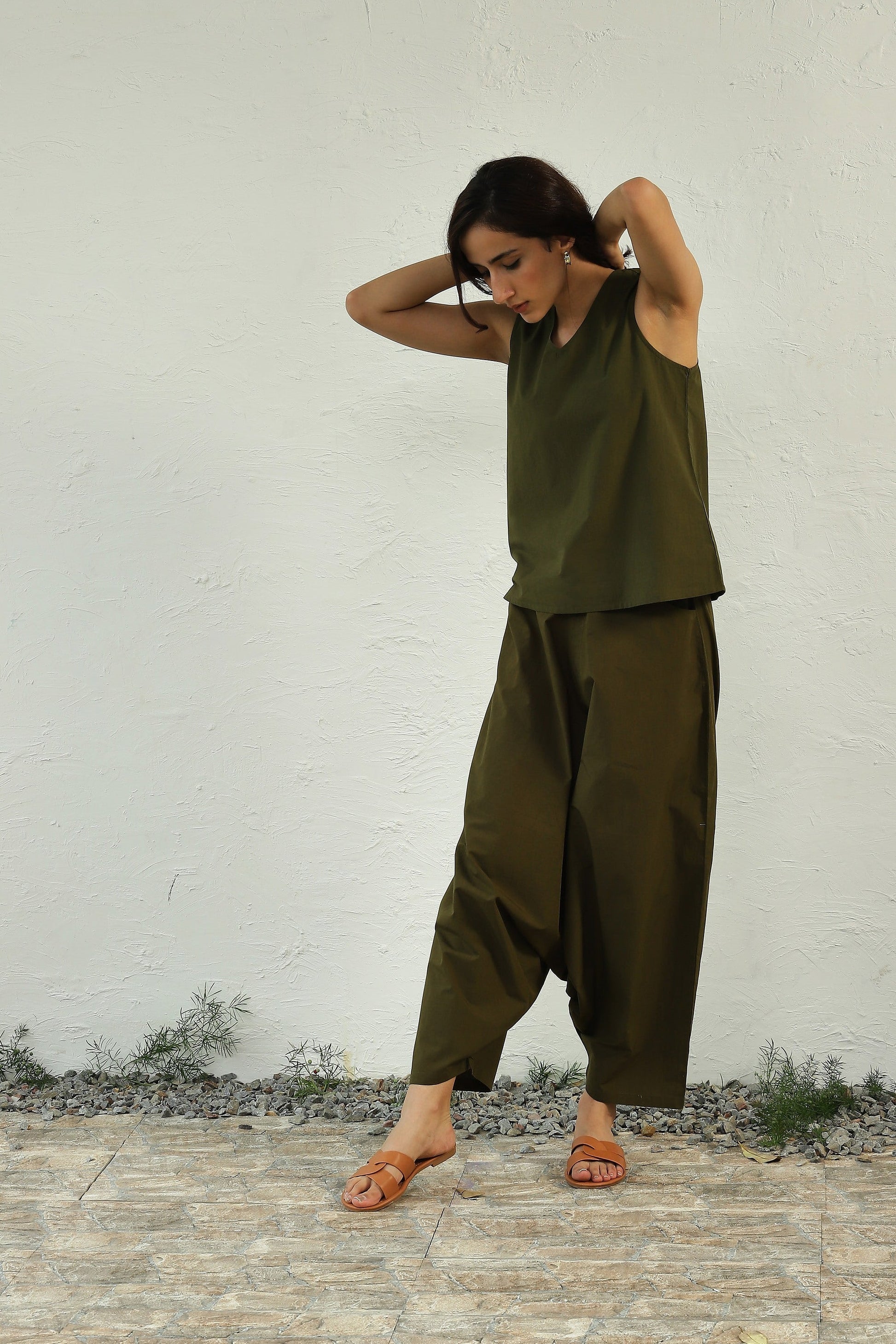 Green Cotton Poplin Sleeveless Top Bottom Co-Ord by Canoopi with Canoopi, Casual Wear, Complete Sets, Green, Natural, Poplin, Regular Fit, Solids, Vacation Co-ords, Womenswear at Kamakhyaa for sustainable fashion