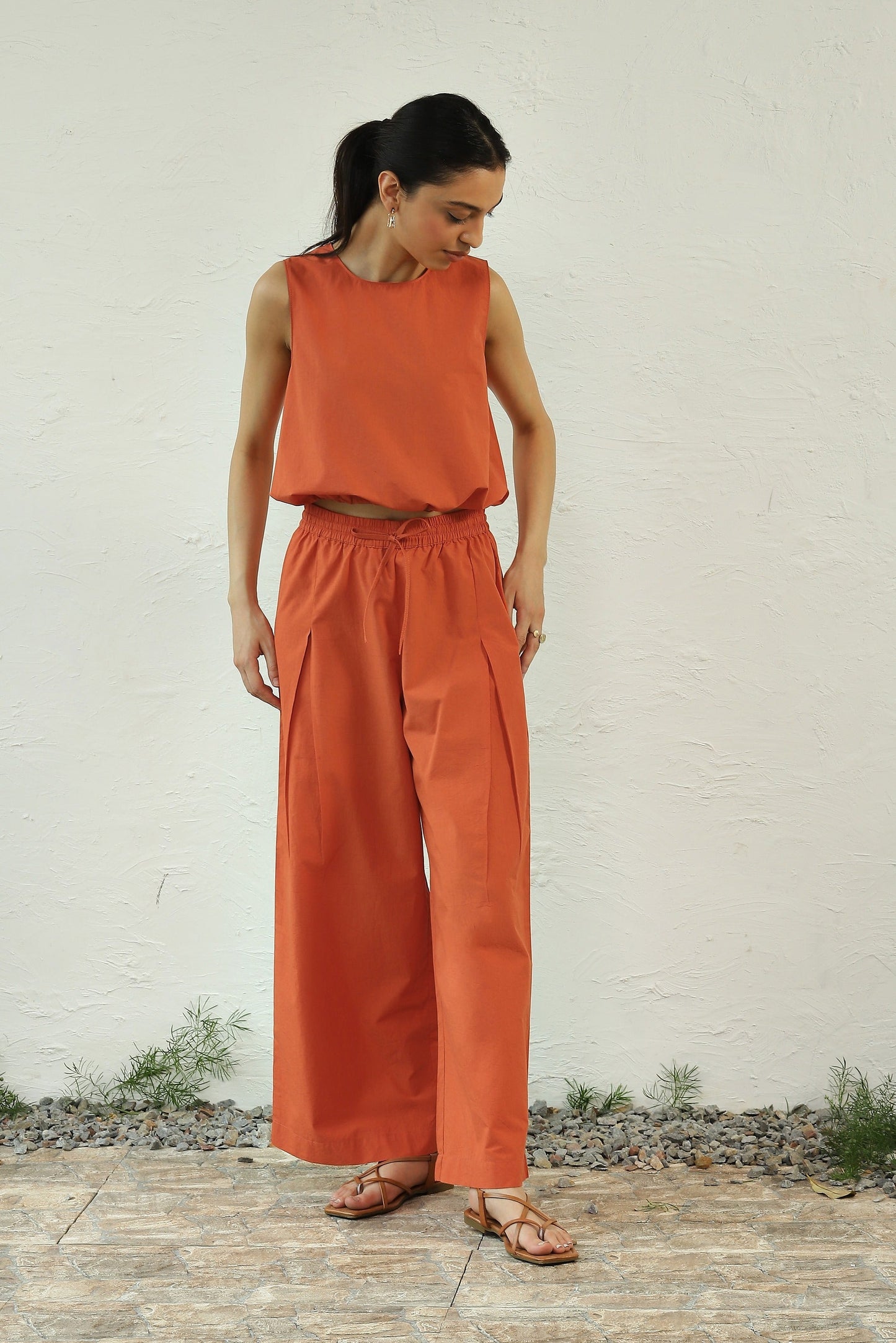 Orange Sleeveless Cotton Co-Ord Set by Canoopi with Canoopi, Casual Wear, Complete Sets, Natural, Orange, Poplin, Regular Fit, Solids, Vacation Co-ords, Womenswear at Kamakhyaa for sustainable fashion