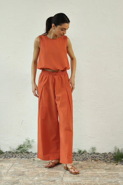 Orange Sleeveless Cotton Co-Ord Set by Canoopi with Canoopi, Casual Wear, Complete Sets, Natural, Orange, Poplin, Regular Fit, Solids, Vacation Co-ords, Womenswear at Kamakhyaa for sustainable fashion