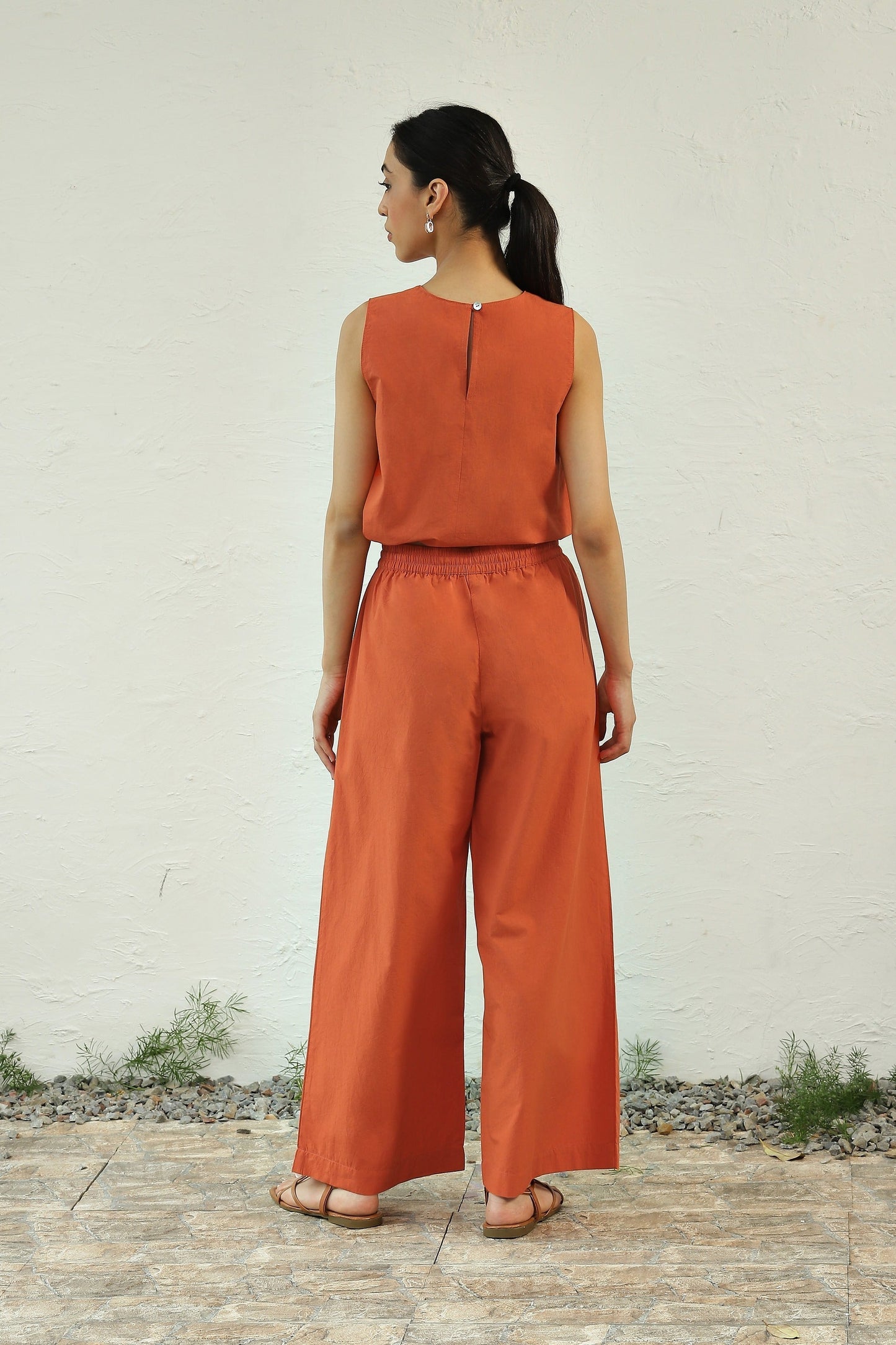 Orange Sleeveless Cotton Co-Ord Set by Canoopi with Canoopi, Casual Wear, Complete Sets, Natural, Orange, Poplin, Regular Fit, Solids, Vacation Co-ords, Womenswear at Kamakhyaa for sustainable fashion