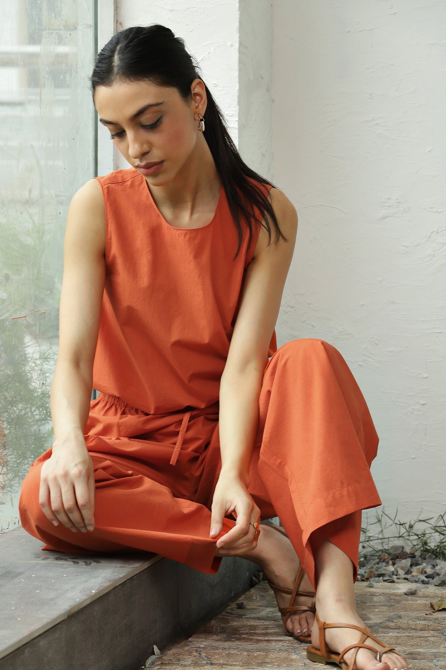 Orange Sleeveless Cotton Co-Ord Set by Canoopi with Canoopi, Casual Wear, Complete Sets, Natural, Orange, Poplin, Regular Fit, Solids, Vacation Co-ords, Womenswear at Kamakhyaa for sustainable fashion