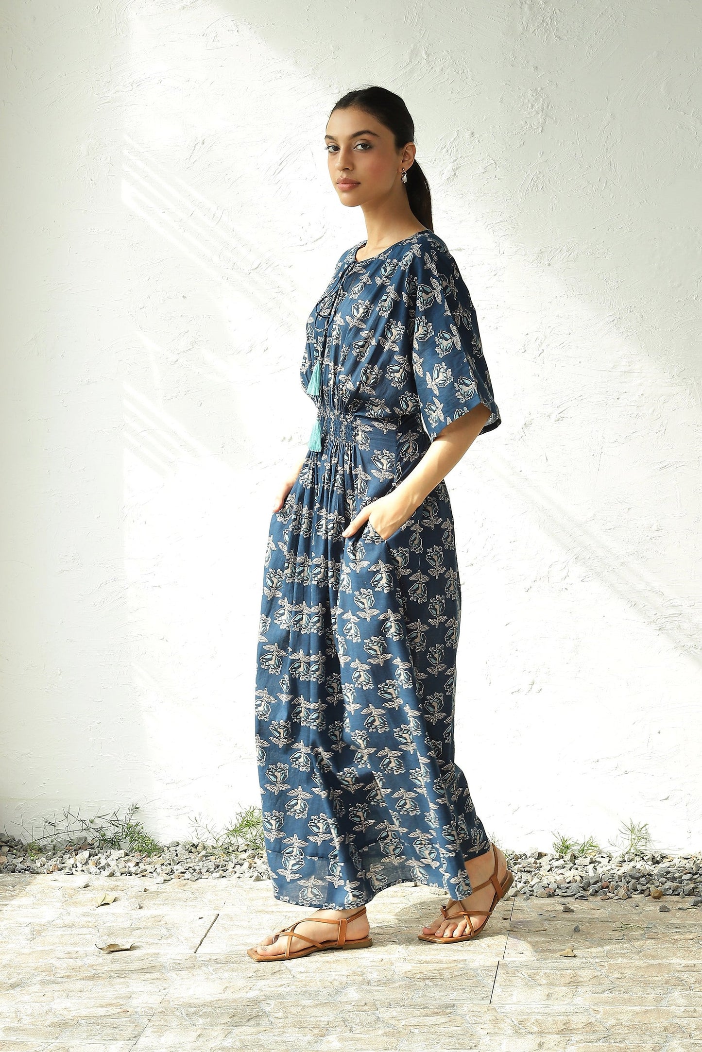 Blue Cotton Side Slit Dress by Canoopi with Block Prints, Blue, Canoopi, Casual Wear, Cotton, Dresses, Maxi Dresses, Natural, Prints, Regular Fit, Womenswear at Kamakhyaa for sustainable fashion