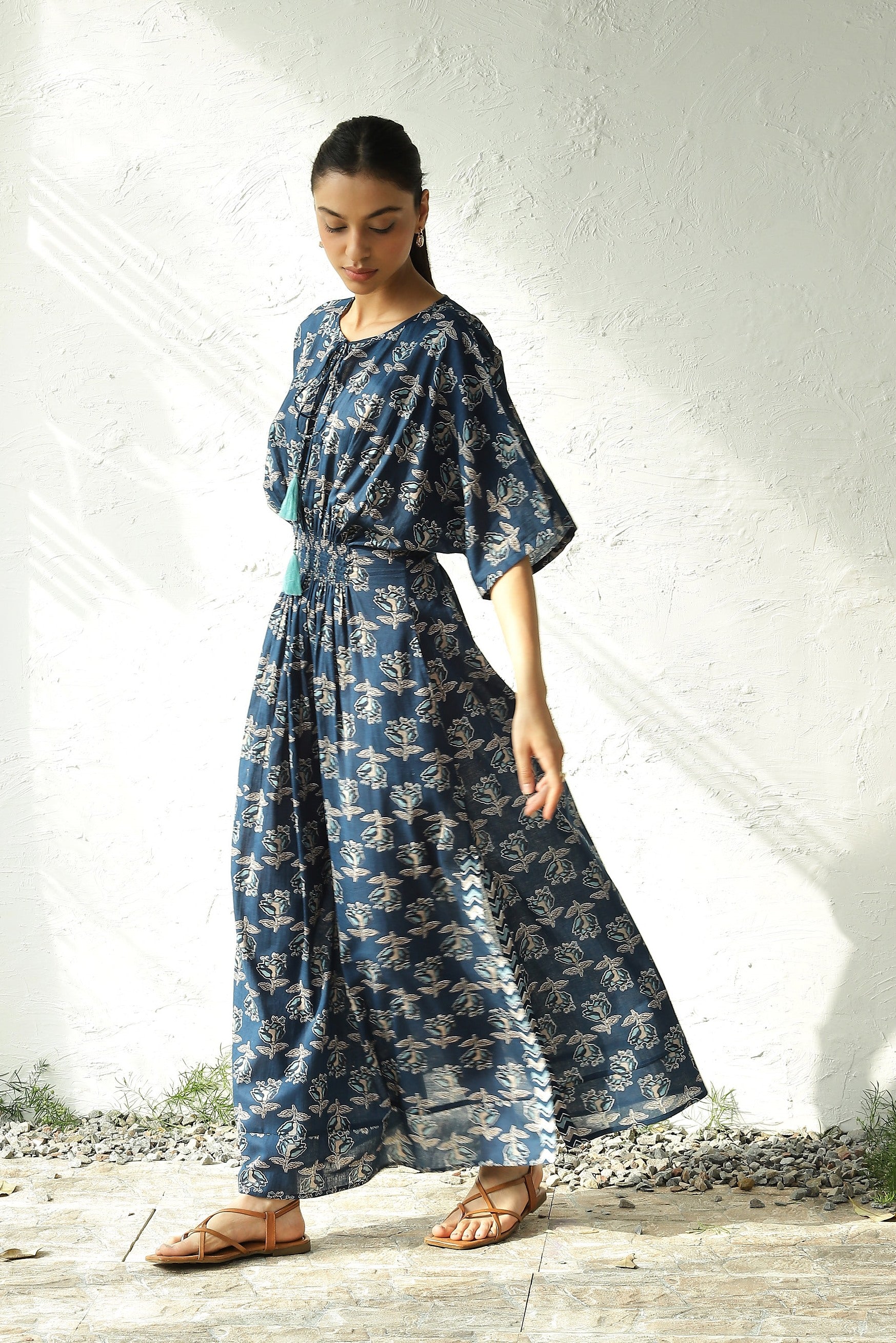 Blue Cotton Side Slit Dress by Canoopi with Block Prints, Blue, Canoopi, Casual Wear, Cotton, Dresses, Maxi Dresses, Natural, Prints, Regular Fit, Womenswear at Kamakhyaa for sustainable fashion