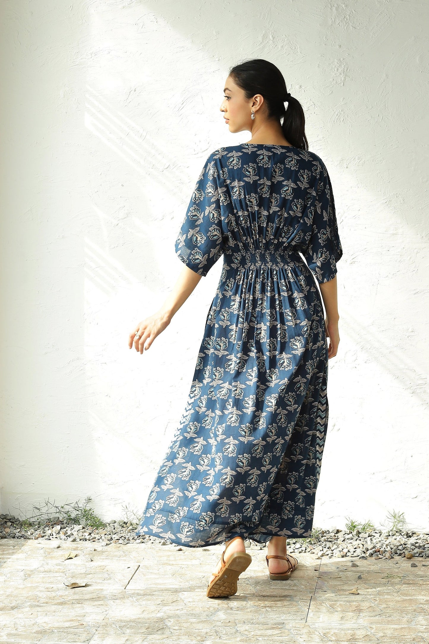 Blue Cotton Side Slit Dress by Canoopi with Block Prints, Blue, Canoopi, Casual Wear, Cotton, Dresses, Maxi Dresses, Natural, Prints, Regular Fit, Womenswear at Kamakhyaa for sustainable fashion