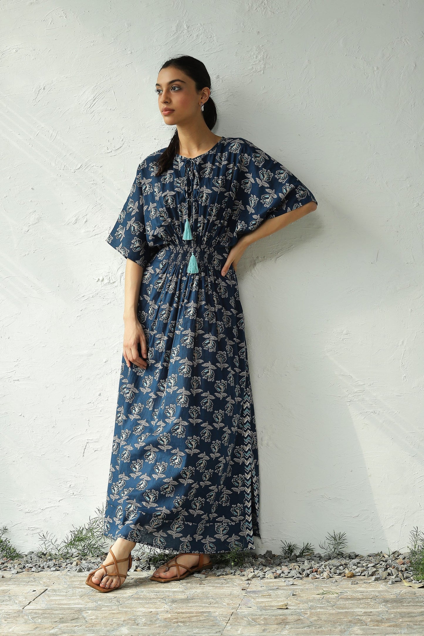 Blue Cotton Side Slit Dress by Canoopi with Block Prints, Blue, Canoopi, Casual Wear, Cotton, Dresses, Maxi Dresses, Natural, Prints, Regular Fit, Womenswear at Kamakhyaa for sustainable fashion