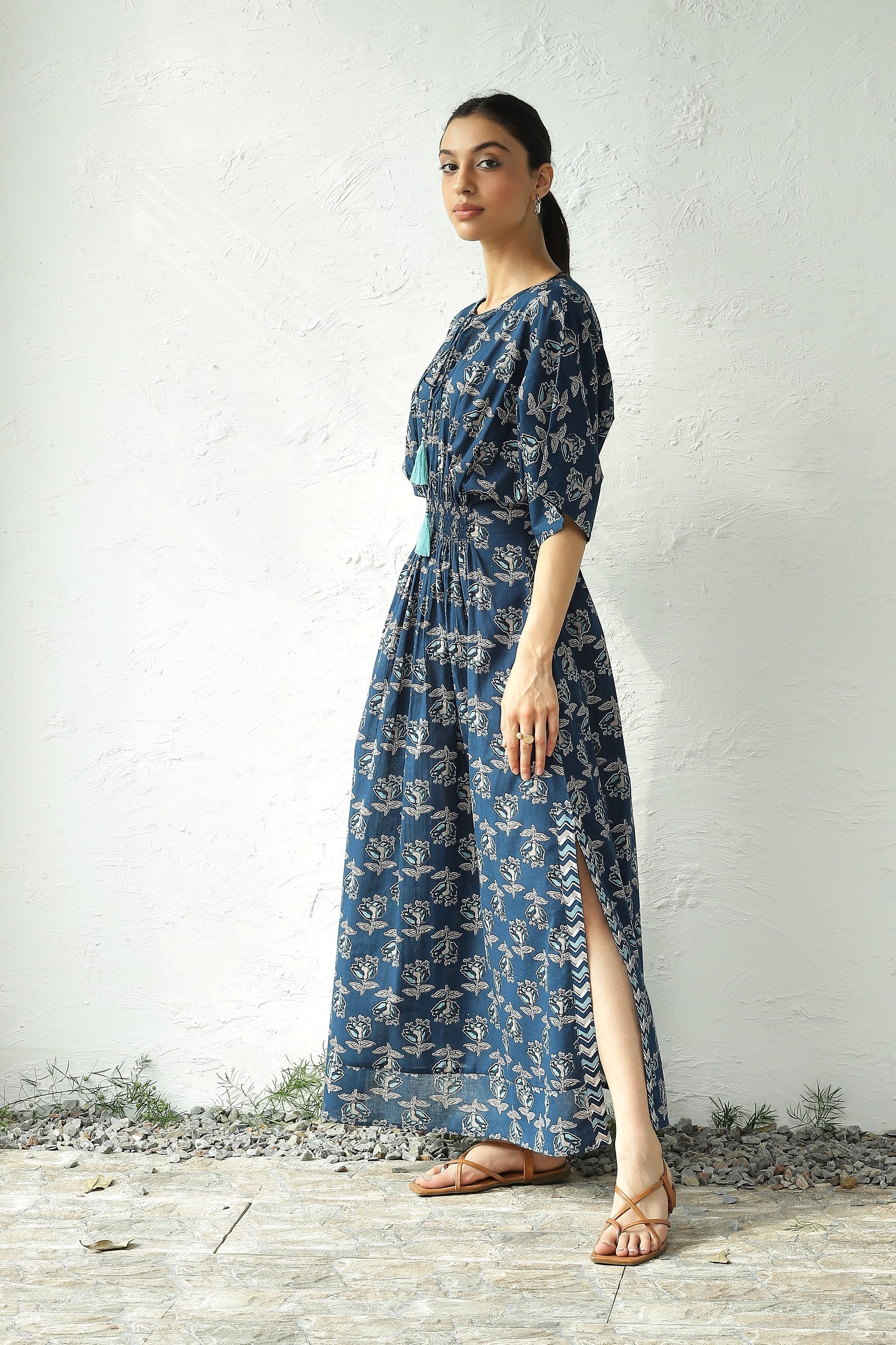 Blue Cotton Side Slit Dress by Canoopi with Block Prints, Blue, Canoopi, Casual Wear, Cotton, Dresses, Maxi Dresses, Natural, Prints, Regular Fit, Womenswear at Kamakhyaa for sustainable fashion