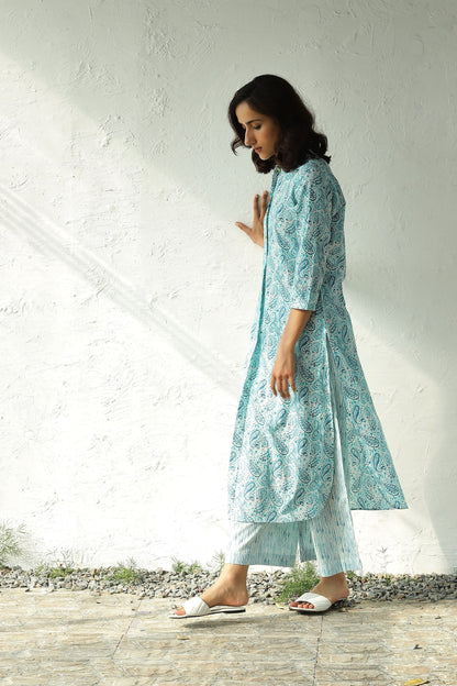 Blue Printed Cotton Long Kurta Set by Canoopi with Block Prints, Blue, Canoopi, Casual Wear, Cotton, Indian Wear, Kurta Pant Sets, Natural, Prints, Regular Fit, Womenswear at Kamakhyaa for sustainable fashion