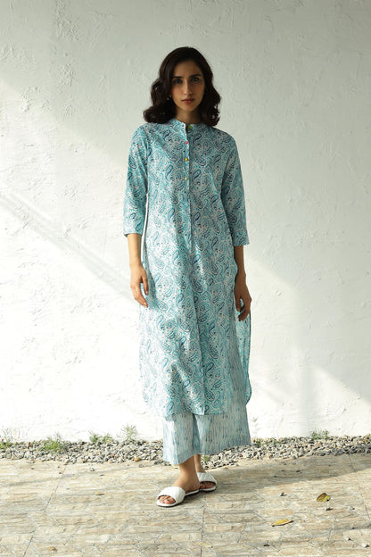 Blue Printed Cotton Long Kurta Set by Canoopi with Block Prints, Blue, Canoopi, Casual Wear, Cotton, Indian Wear, Kurta Pant Sets, Natural, Prints, Regular Fit, Womenswear at Kamakhyaa for sustainable fashion