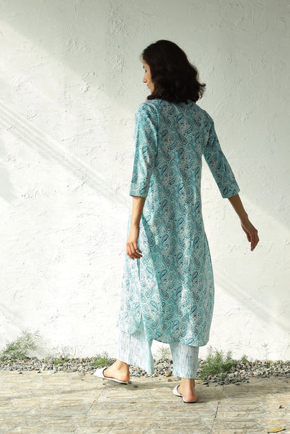 Blue Printed Cotton Long Kurta Set by Canoopi with Block Prints, Blue, Canoopi, Casual Wear, Cotton, Indian Wear, Kurta Pant Sets, Natural, Prints, Regular Fit, Womenswear at Kamakhyaa for sustainable fashion