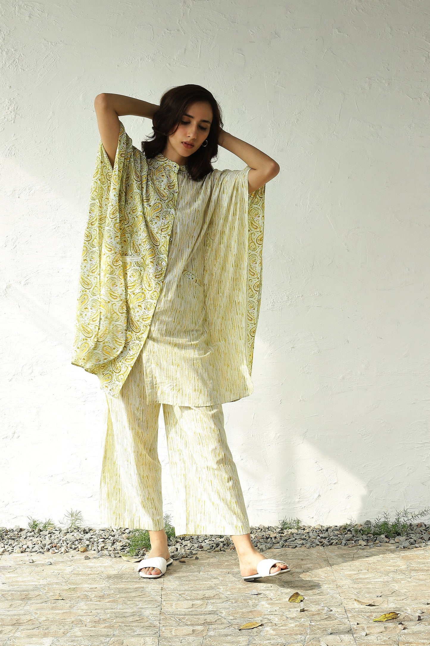 Yellow Cotton Kaftan Style Co-Ord Set by Canoopi with Block Prints, Canoopi, Casual Wear, Cotton, Green, Indian Wear, Kurta Pant Sets, Natural, Prints, Regular Fit, Womenswear at Kamakhyaa for sustainable fashion