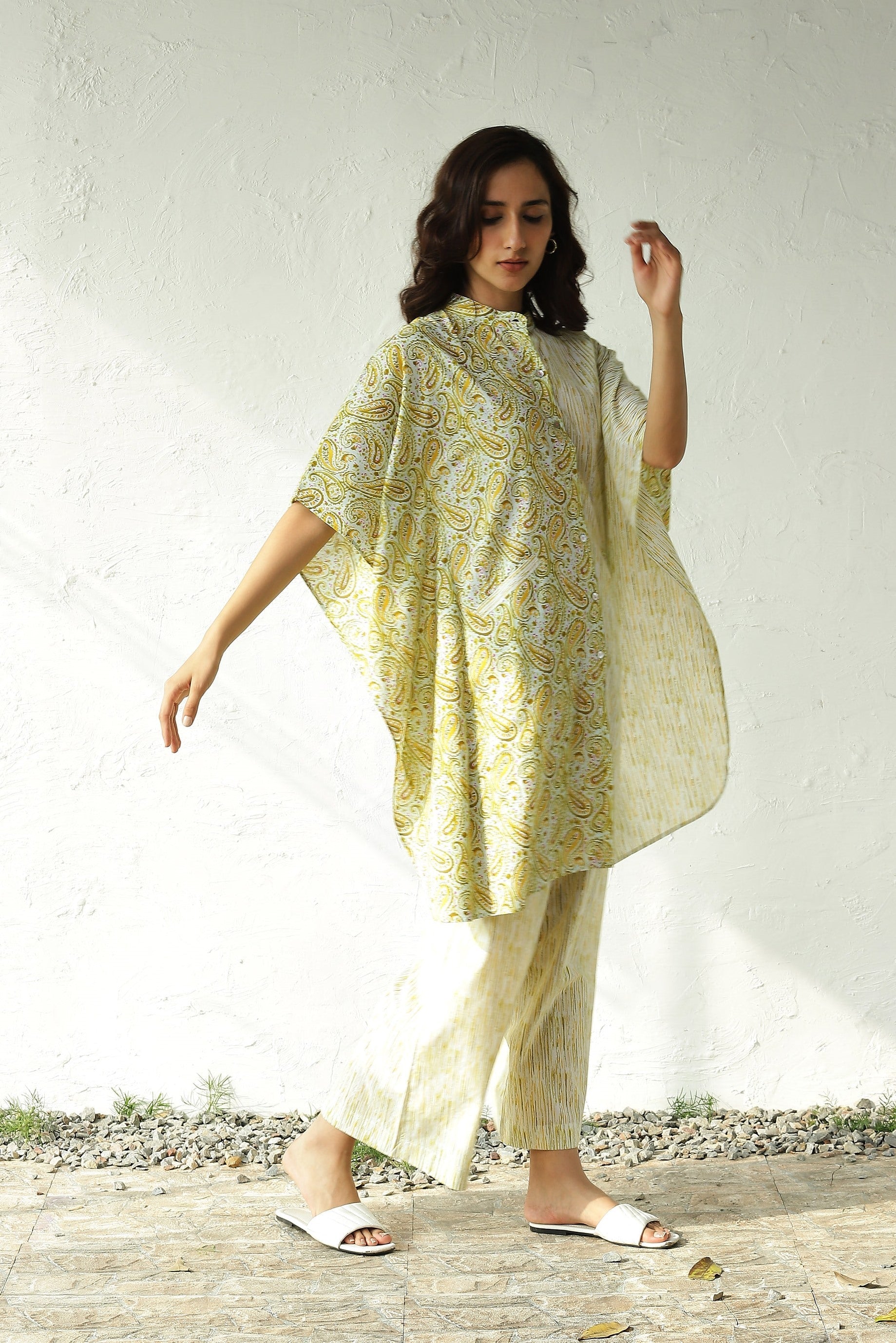 Yellow Cotton Kaftan Style Co-Ord Set by Canoopi with Block Prints, Canoopi, Casual Wear, Cotton, Green, Indian Wear, Kurta Pant Sets, Natural, Prints, Regular Fit, Womenswear at Kamakhyaa for sustainable fashion