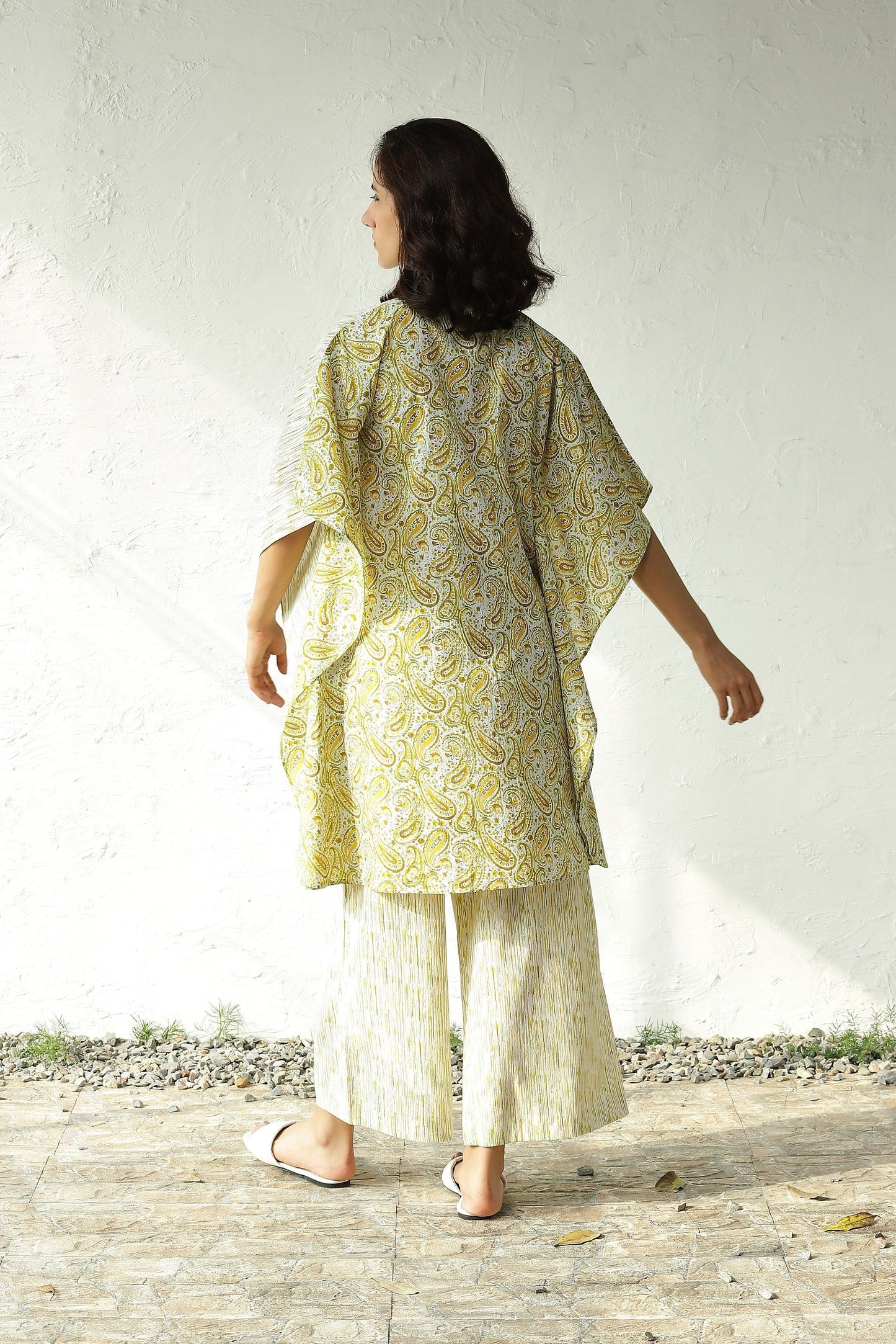 Yellow Cotton Kaftan Style Co-Ord Set by Canoopi with Block Prints, Canoopi, Casual Wear, Cotton, Green, Indian Wear, Kurta Pant Sets, Natural, Prints, Regular Fit, Womenswear at Kamakhyaa for sustainable fashion