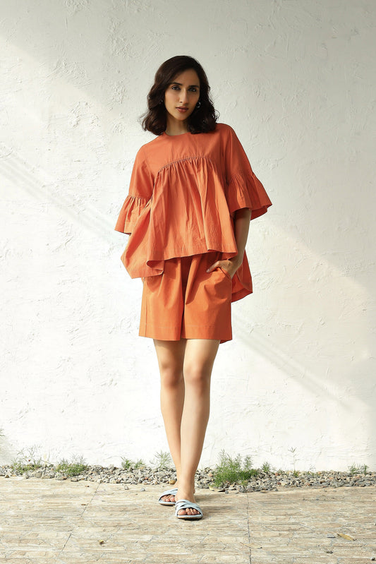 Orange Cotton Poplin Top With Shorts Set by Canoopi with Canoopi, Casual Wear, Complete Sets, Natural, Orange, Poplin, Regular Fit, Solids, Vacation Co-ords, Womenswear at Kamakhyaa for sustainable fashion