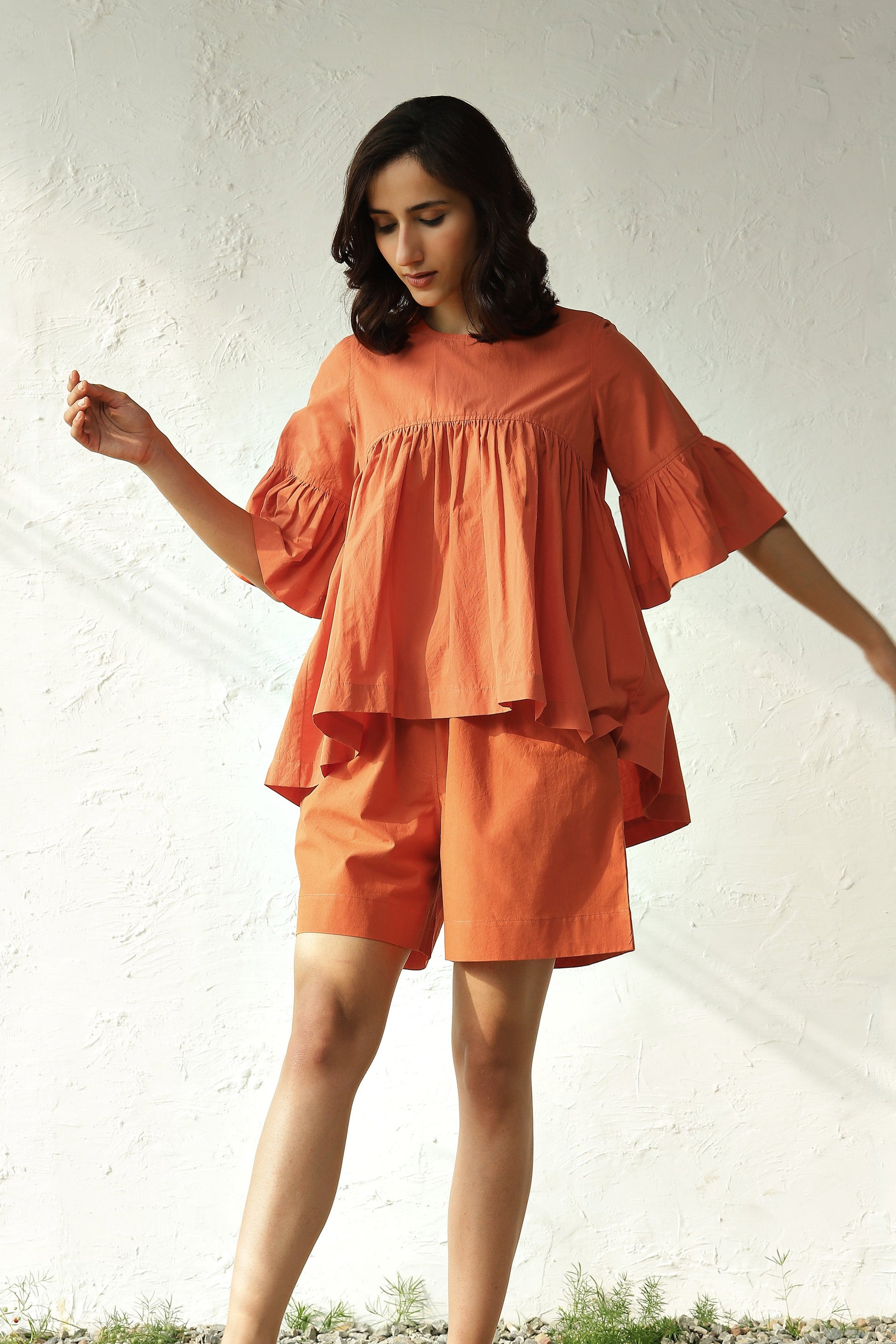 Orange Cotton Poplin Top With Shorts Set by Canoopi with Canoopi, Casual Wear, Complete Sets, Natural, Orange, Poplin, Regular Fit, Solids, Vacation Co-ords, Womenswear at Kamakhyaa for sustainable fashion