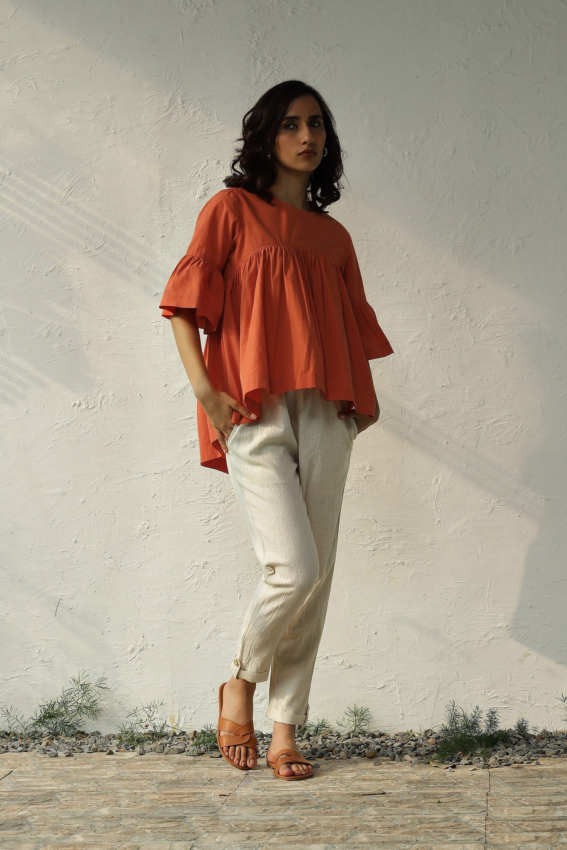 Orange Bell Sleeve Cotton Top Pant Set by Canoopi with Canoopi, Casual Wear, Complete Sets, Natural, Orange, Poplin, Rayon, Regular Fit, Solids, Vacation Co-ords, White, Womenswear at Kamakhyaa for sustainable fashion