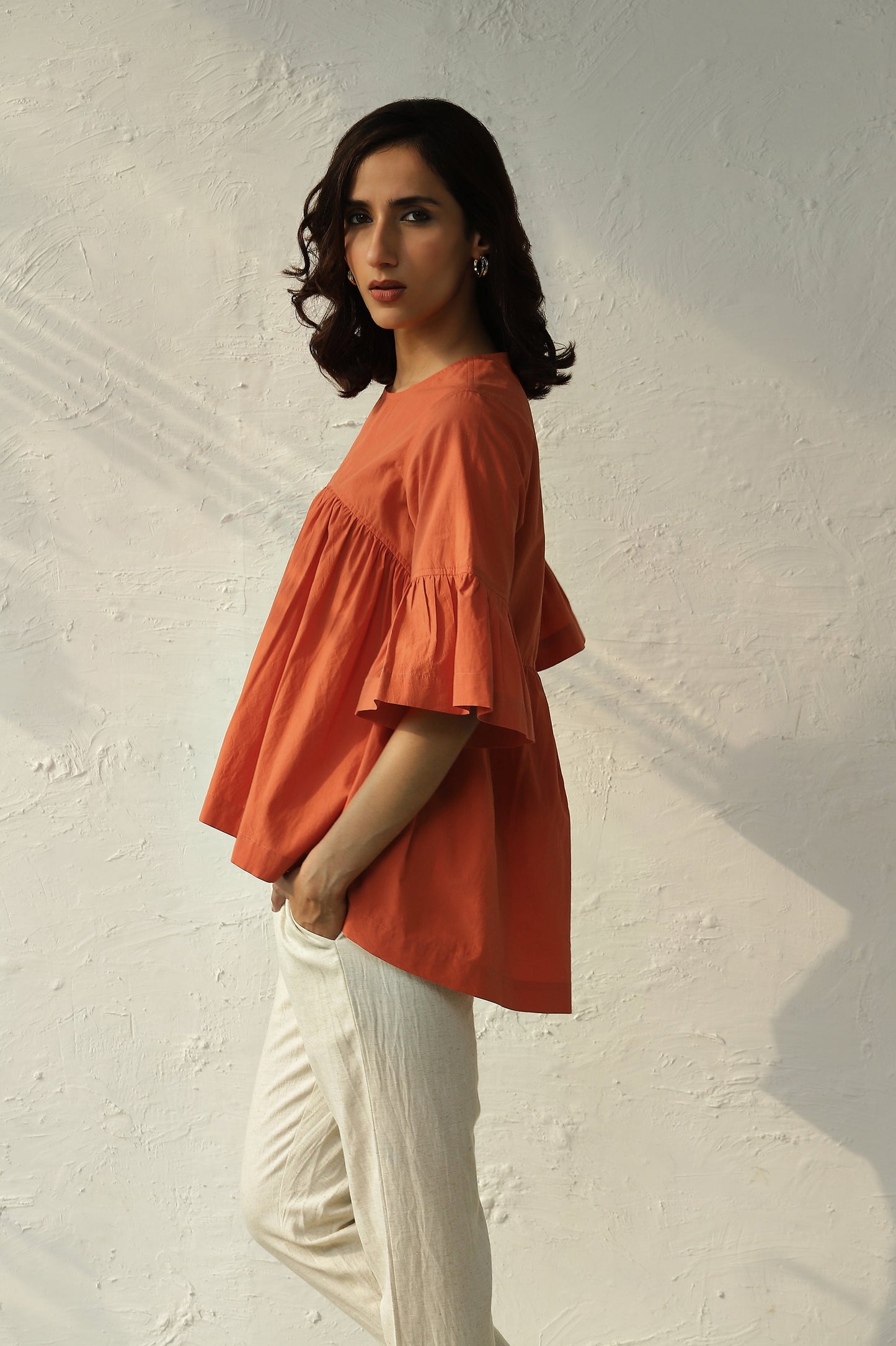 Orange Bell Sleeve Cotton Top Pant Set by Canoopi with Canoopi, Casual Wear, Complete Sets, Natural, Orange, Poplin, Rayon, Regular Fit, Solids, Vacation Co-ords, White, Womenswear at Kamakhyaa for sustainable fashion