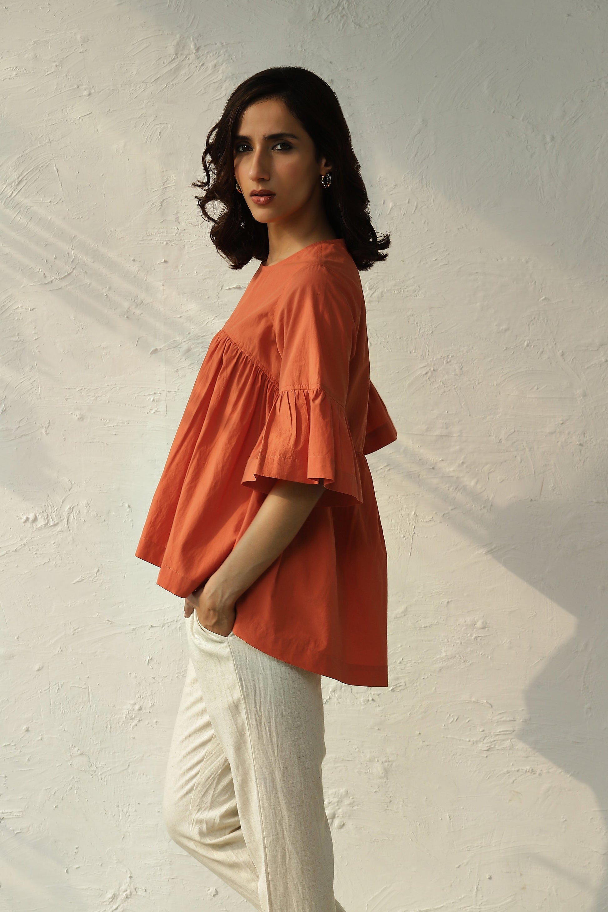 Orange Bell Sleeve Cotton Top Pant Set by Canoopi with Canoopi, Casual Wear, Complete Sets, Natural, Orange, Poplin, Rayon, Regular Fit, Solids, Vacation Co-ords, White, Womenswear at Kamakhyaa for sustainable fashion