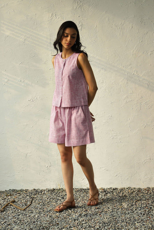 Pink Sleeveless Buttoned Top With Shorts Co-Ord Set by Canoopi with Canoopi, Casual Wear, Complete Sets, Khadi, Natural, Pink, Regular Fit, Solids, Vacation Co-ords, Womenswear at Kamakhyaa for sustainable fashion