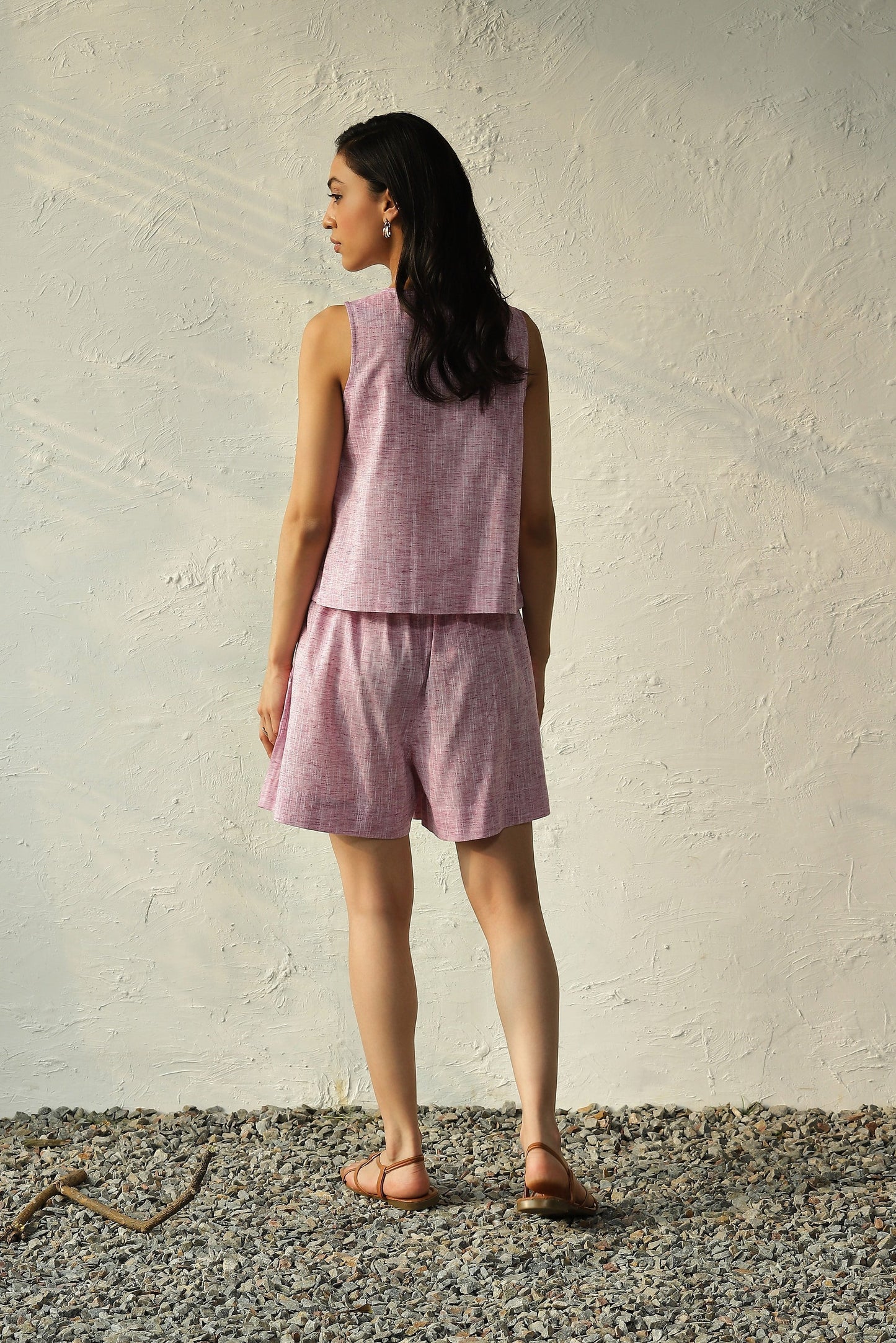 Pink Sleeveless Buttoned Top With Shorts Co-Ord Set by Canoopi with Canoopi, Casual Wear, Complete Sets, Khadi, Natural, Pink, Regular Fit, Solids, Vacation Co-ords, Womenswear at Kamakhyaa for sustainable fashion