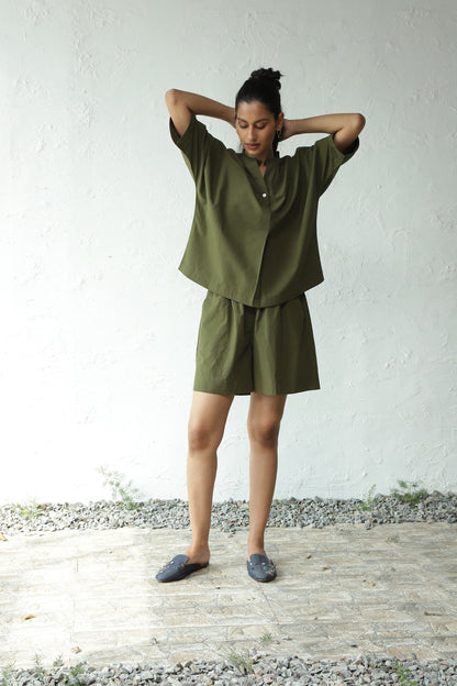 Green Cotton Shirt With Box Pleate Short Set by Canoopi with Canoopi, Casual Wear, Complete Sets, Green, Natural, Poplin, Regular Fit, Solids, Vacation Co-ords, Womenswear at Kamakhyaa for sustainable fashion