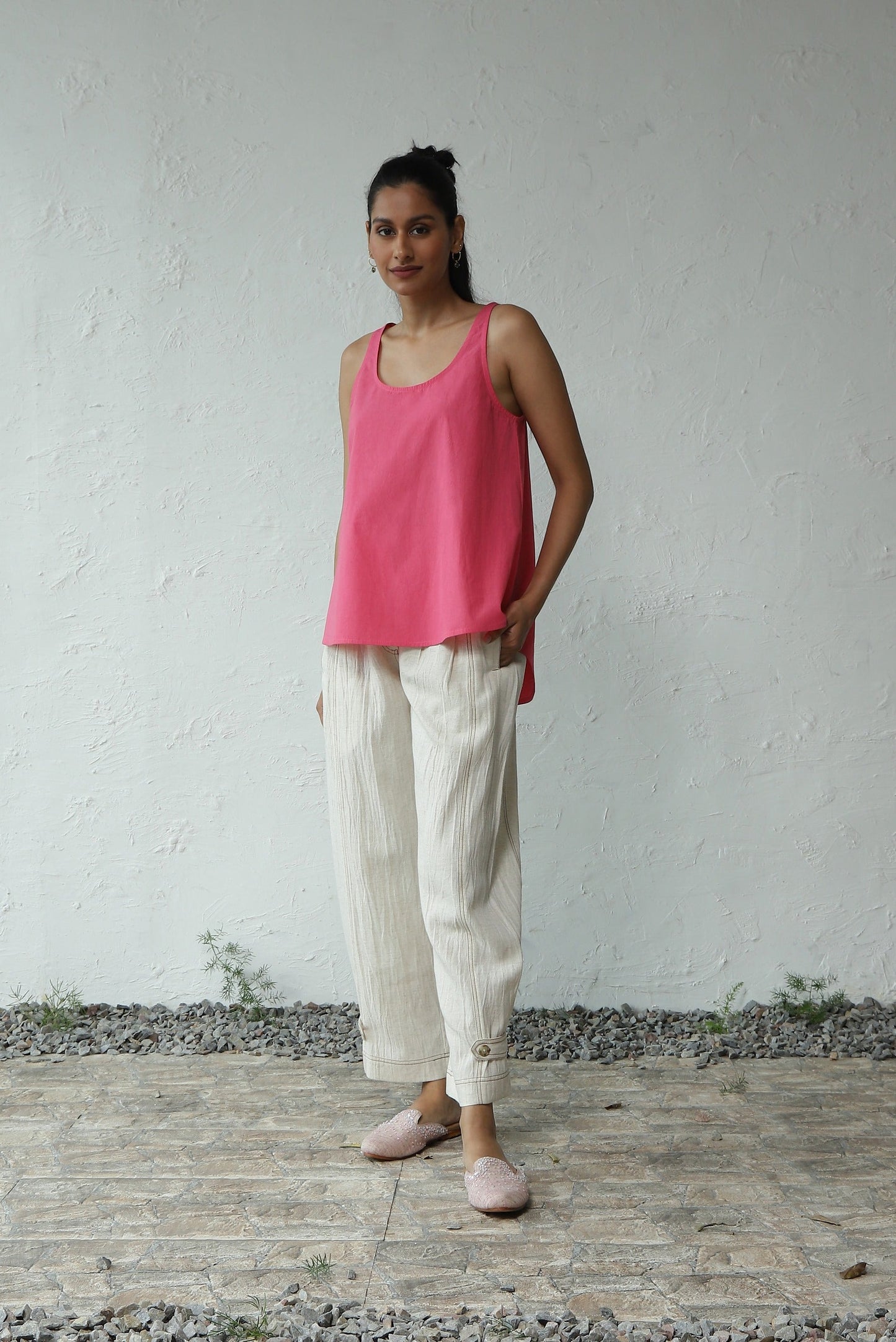 Pink Cotton Poplin Top Pant Set by Canoopi with Canoopi, Casual Wear, Complete Sets, Natural, Pink, Poplin, Rayon, Regular Fit, Solids, Travel Co-ords, White, Womenswear at Kamakhyaa for sustainable fashion