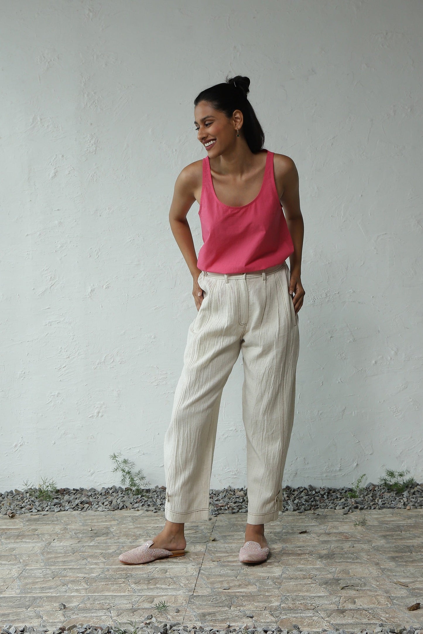 Pink Cotton Poplin Top Pant Set by Canoopi with Canoopi, Casual Wear, Complete Sets, Natural, Pink, Poplin, Rayon, Regular Fit, Solids, Travel Co-ords, White, Womenswear at Kamakhyaa for sustainable fashion