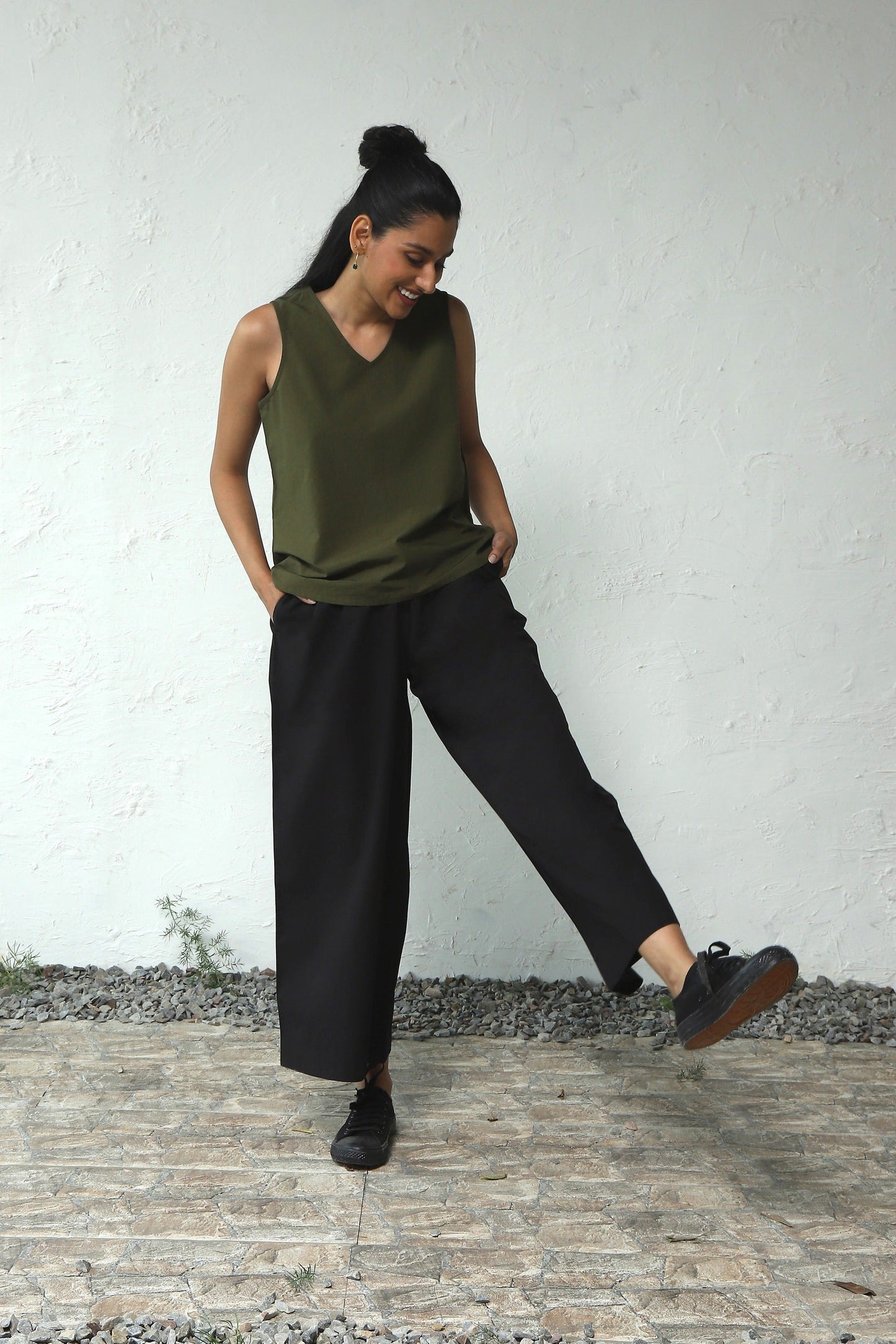 Green Cotton Poplin Sleeveless Top With Black Bottom Co-Ord Set by Canoopi with Black, Canoopi, Casual Wear, Complete Sets, Green, Natural, Poplin, Regular Fit, Solids, Vacation Co-ords, Womenswear at Kamakhyaa for sustainable fashion