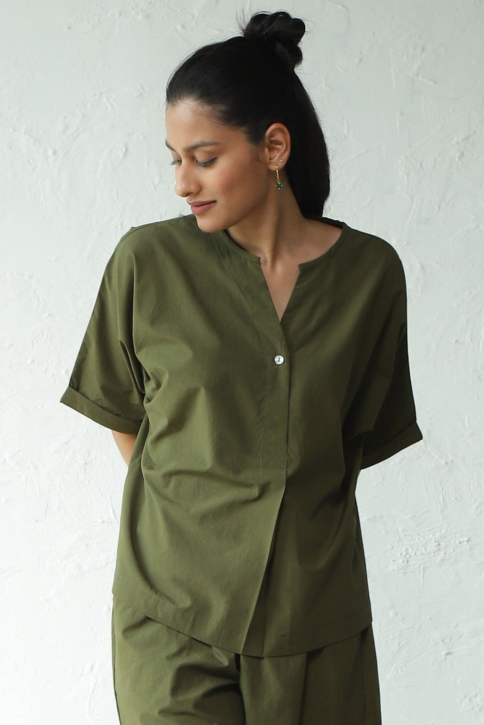 Green Cotton Shirt With Box Pleate Short Set by Canoopi with Canoopi, Casual Wear, Complete Sets, Green, Natural, Poplin, Regular Fit, Solids, Vacation Co-ords, Womenswear at Kamakhyaa for sustainable fashion