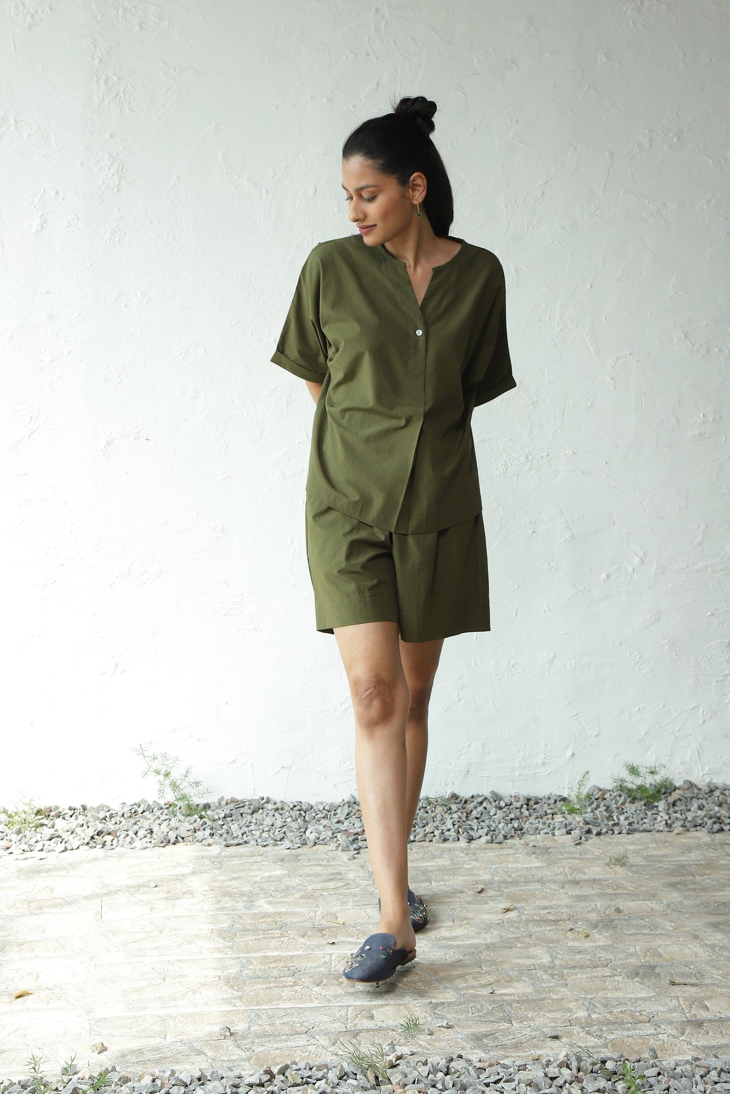 Green Cotton Shirt With Box Pleate Short Set by Canoopi with Canoopi, Casual Wear, Complete Sets, Green, Natural, Poplin, Regular Fit, Solids, Vacation Co-ords, Womenswear at Kamakhyaa for sustainable fashion