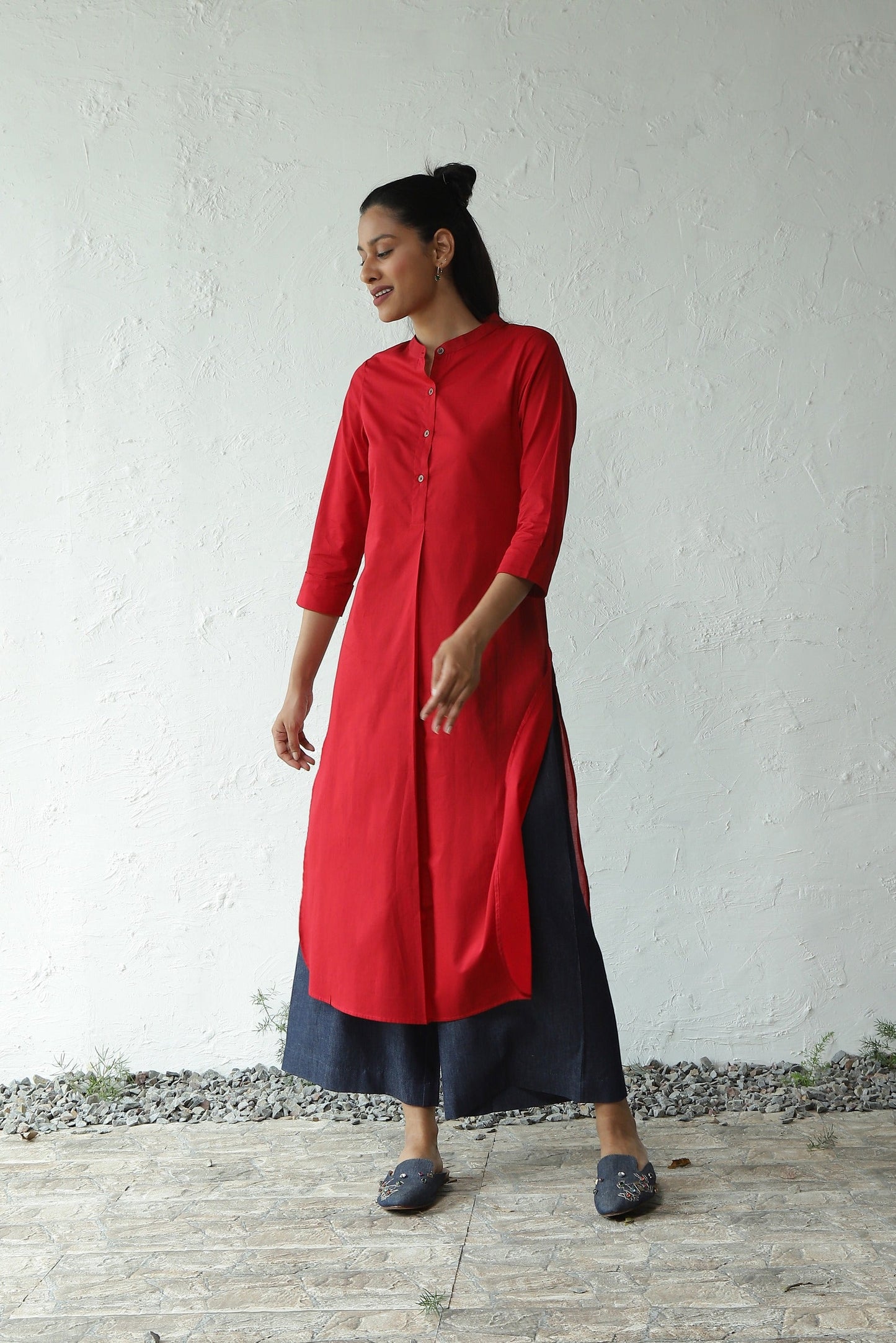 Red Cotton Long Kurta Palazzo Set by Canoopi with Blue, Canoopi, Casual Wear, Cotton, Denim, Indian Wear, Kurta Pant Sets, Natural, Red, Regular Fit, Solids, Womenswear at Kamakhyaa for sustainable fashion