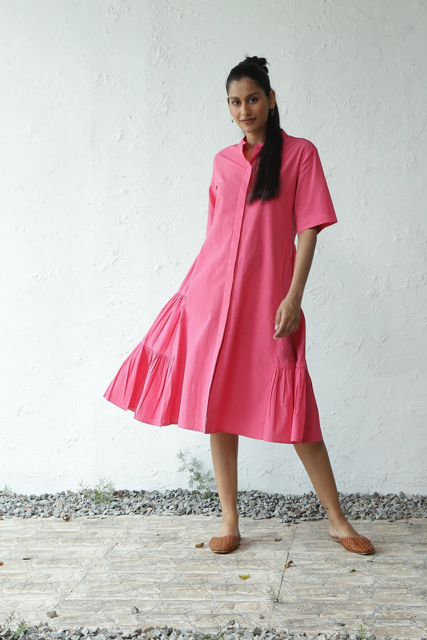 Pink Cotton Poplin Gathered Mini Dress by Canoopi with Canoopi, Casual Wear, Dresses, Natural, Pink, Poplin, Regular Fit, Shirt Dresses, Solids, Womenswear at Kamakhyaa for sustainable fashion