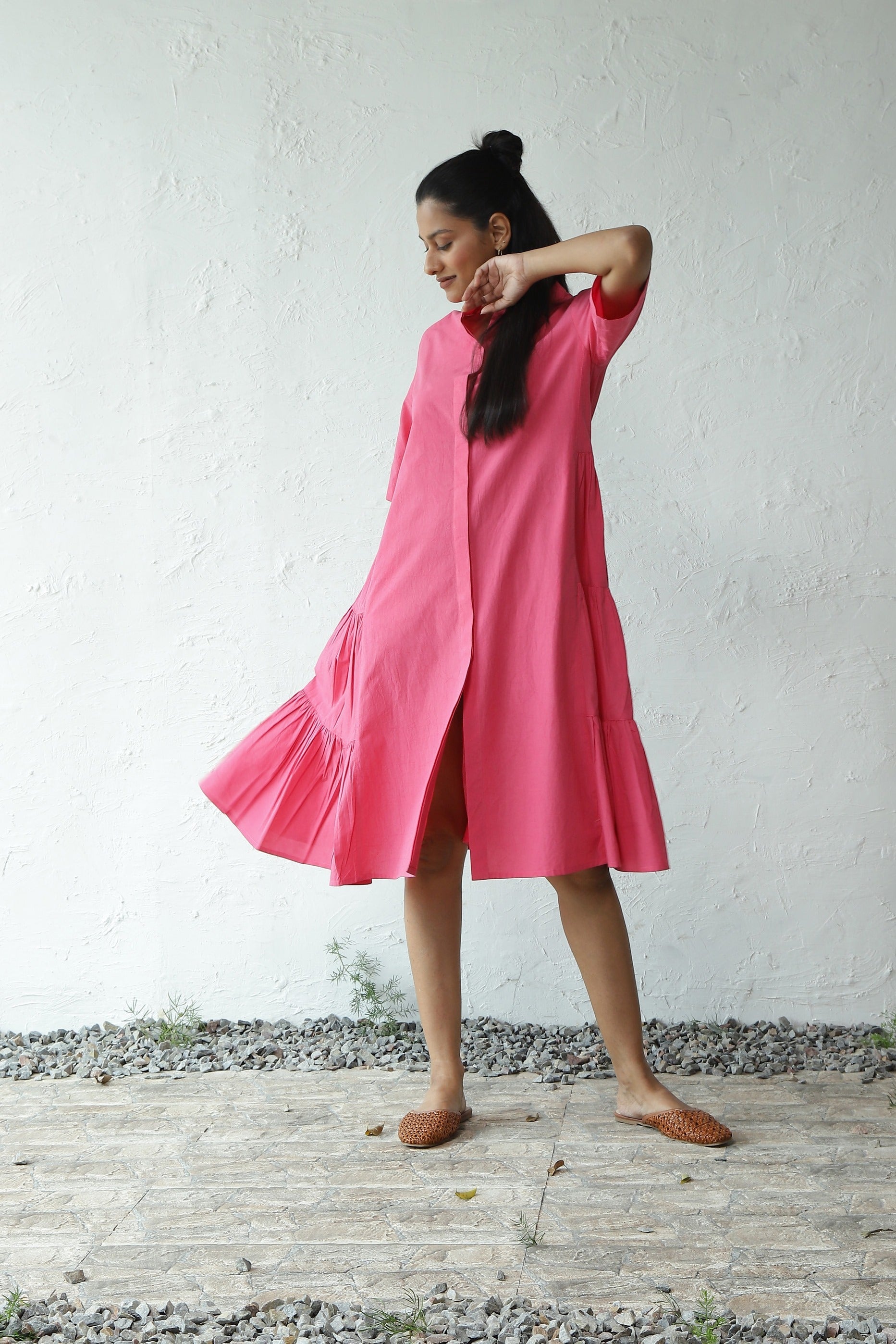 Pink Cotton Poplin Gathered Mini Dress by Canoopi with Canoopi, Casual Wear, Dresses, Natural, Pink, Poplin, Regular Fit, Shirt Dresses, Solids, Womenswear at Kamakhyaa for sustainable fashion